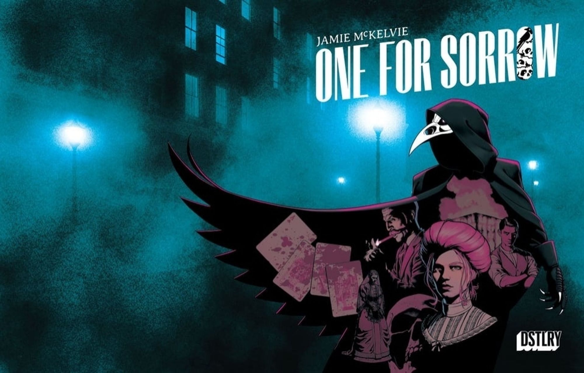 Cover of wraparound comic book cover, Jamie McKelvie, One for Sorrow in white text top right, background is blue, grey white London befogged streetscape with bright gaslights, bottom right is the cloaked figure, black and pinkish with plague doctor mask in white, most prominently/largest then below that under an outstretched 'wing' is some human figures dressed in period with some blood stained cards arrayed nest to them