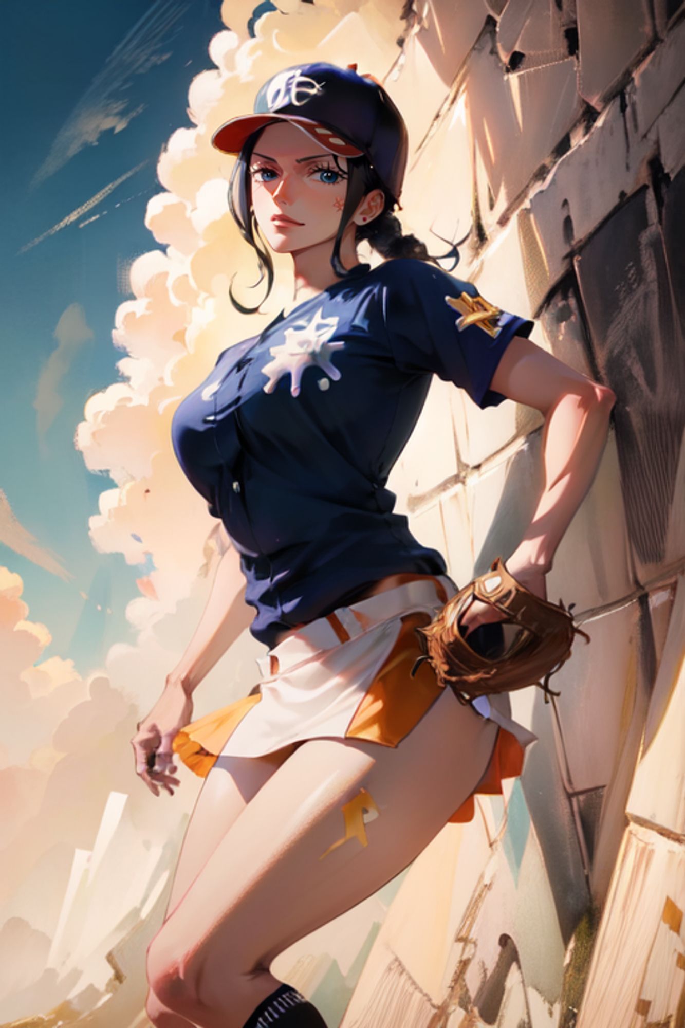 Nico Robin playing baseball in a short skirt