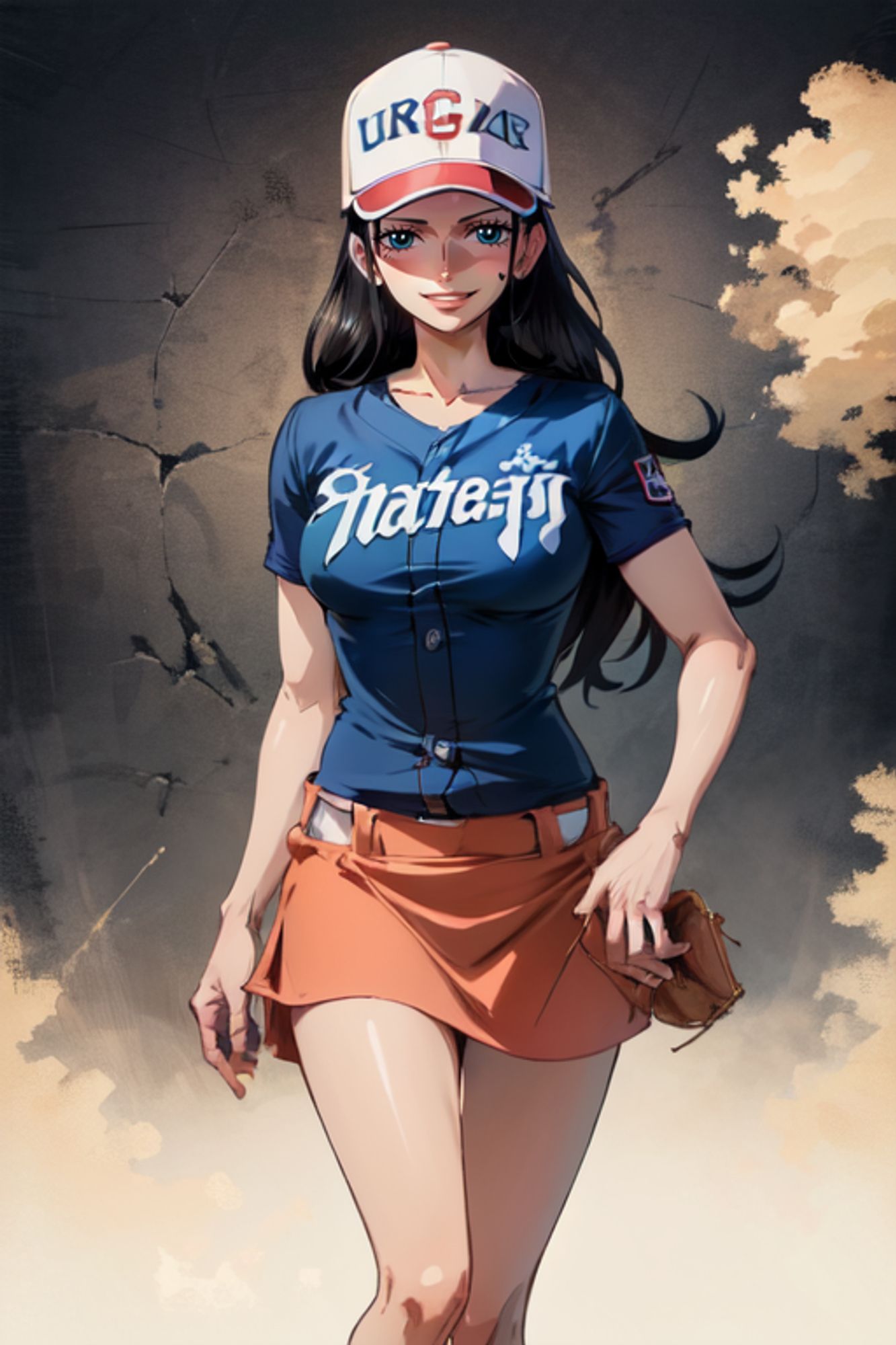 Nico Robin playing baseball in a short skirt