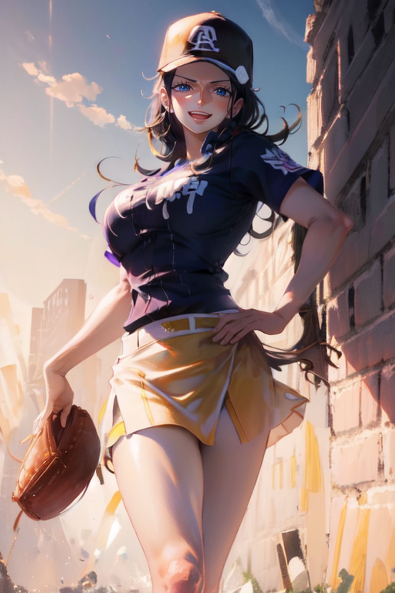 Nico Robin playing baseball in a short skirt