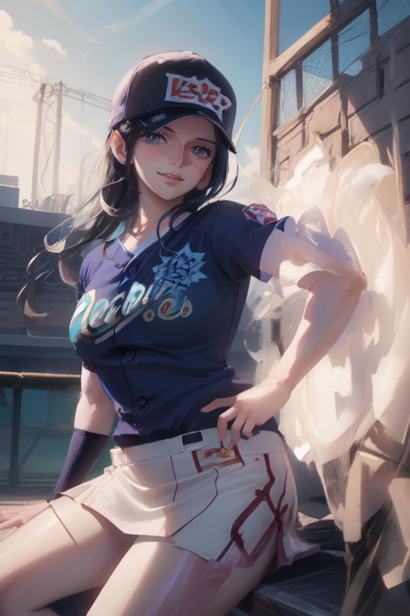 Nico Robin playing baseball in a short skirt