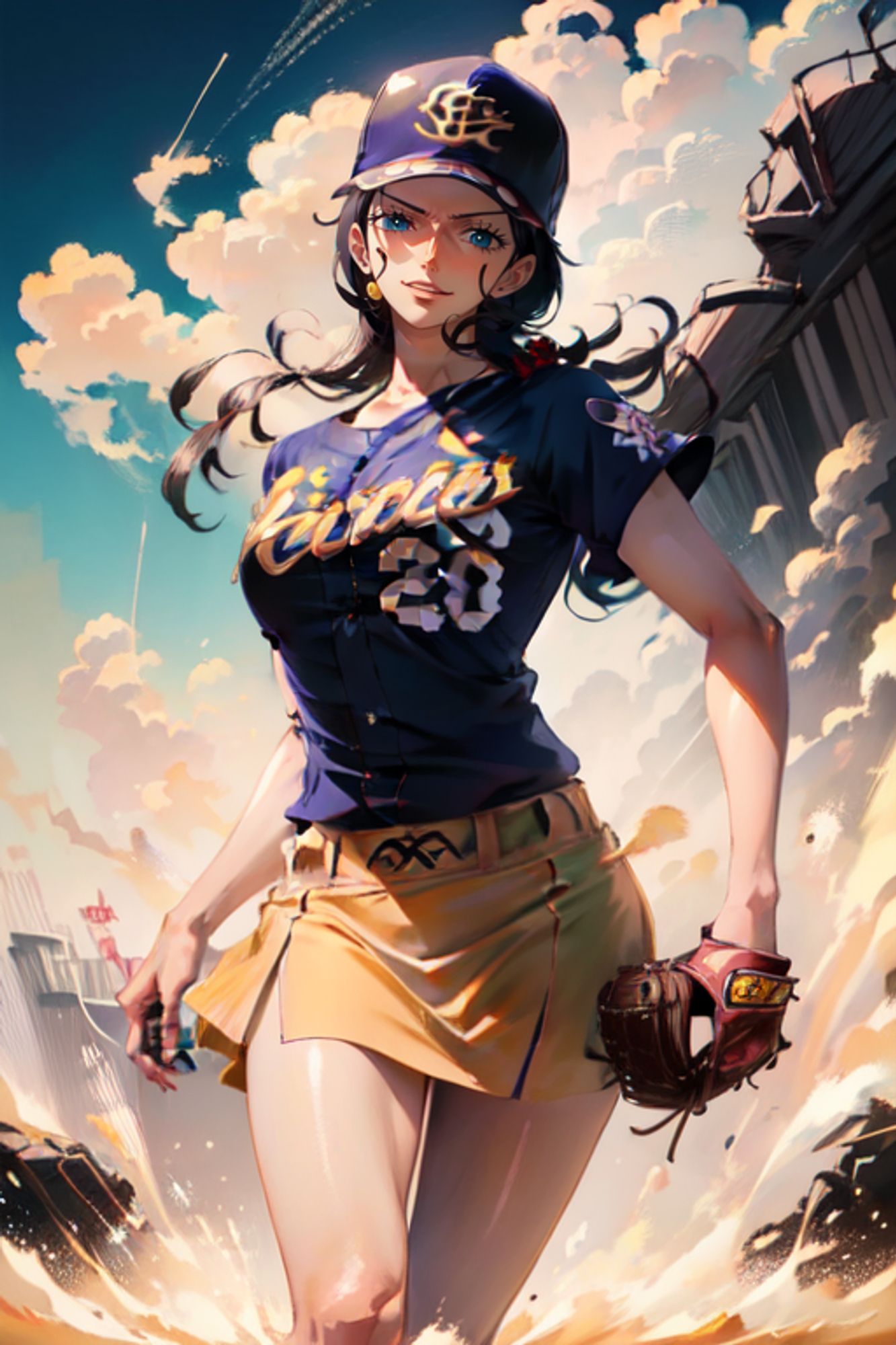 Nico Robin playing baseball in a short skirt