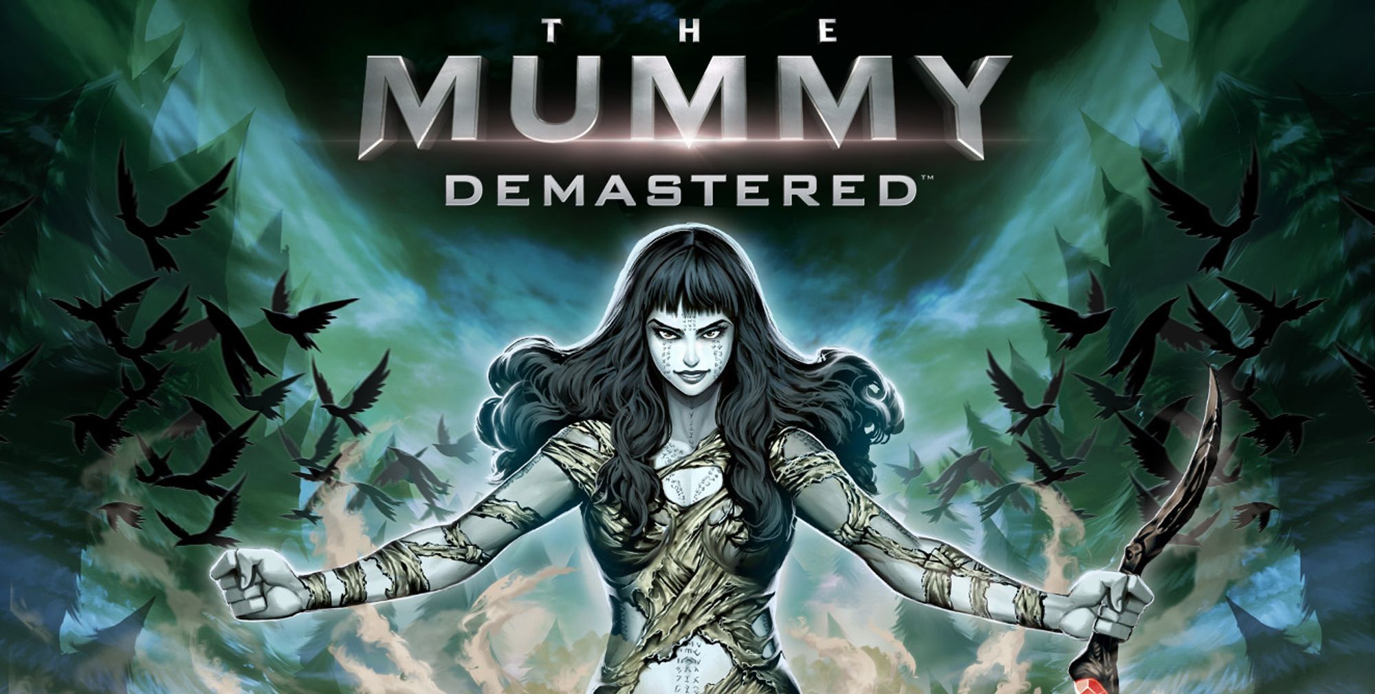 Promotional art for The Mummy Demastered featuring a female mummy with a confident glare and her arms in an open wide gesture. Her left hand brandishes a ruby-encrusted blade. Flocks of ravens fly behind her, perhaps preparing to scavenge the corpses she's about to create.