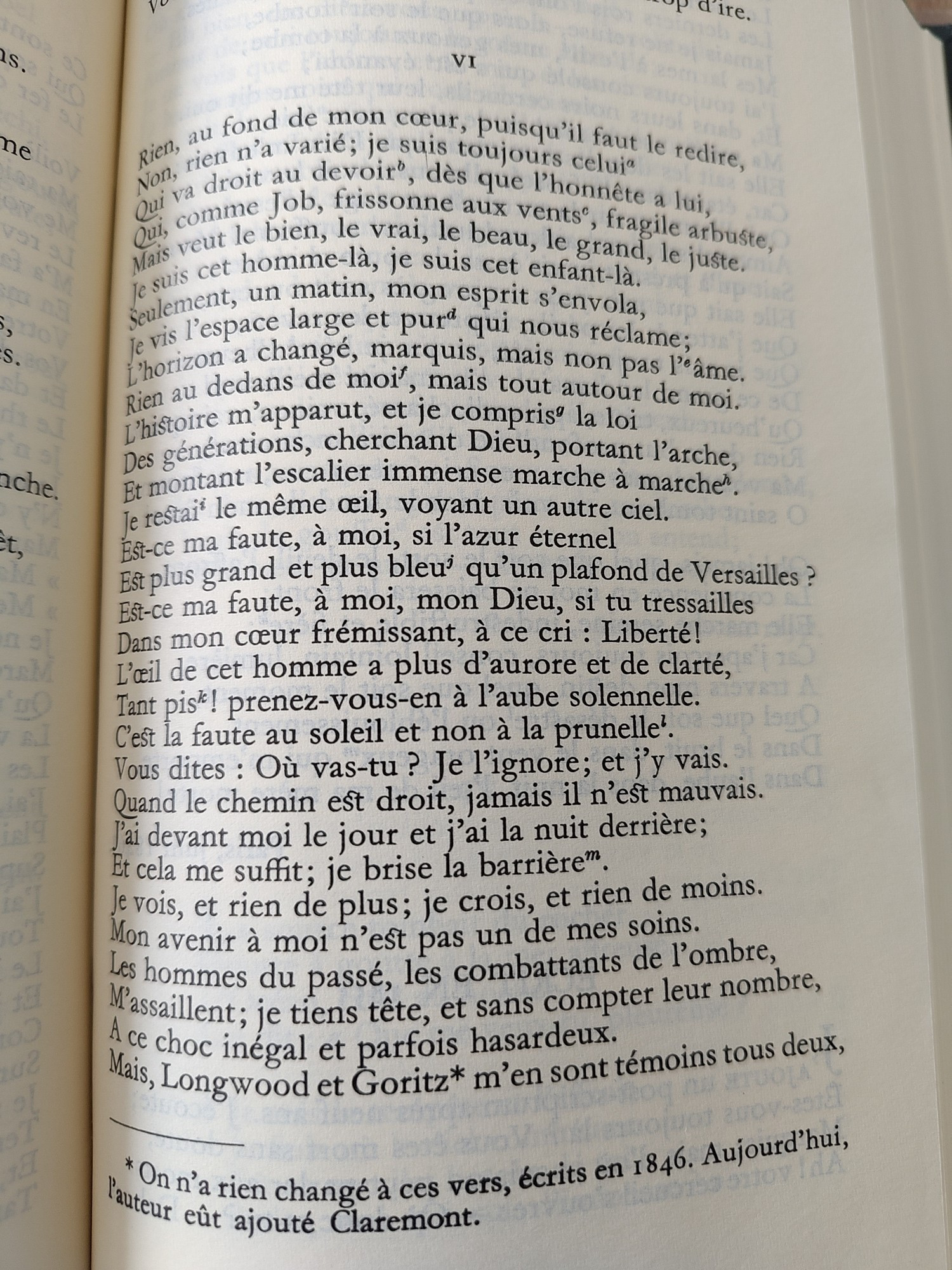 Extrait du poème de V. Hugo répondant en 1846 au Marquis ami de sa mère, qui lui avait écrit pour se lamenter que le charmant enfant légitimiste qu'il avait connaissance était devenu un abominable apostat libéral.