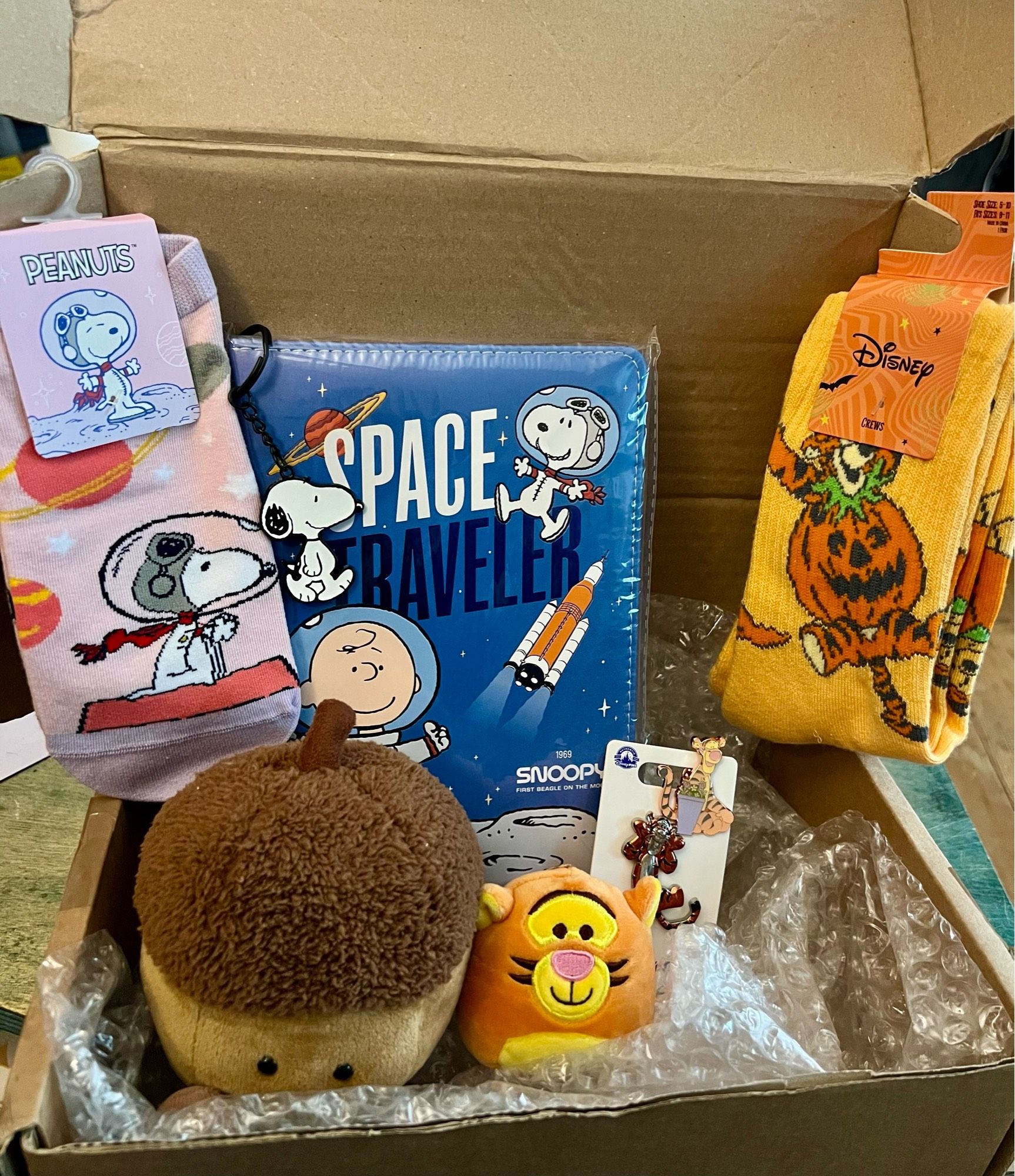 A cardboard box containing a soft toy in the shape of an acorn. A Snoopy keyring, notebook and socks. There are also some Tigger themed socks, pin badges and soft toy.