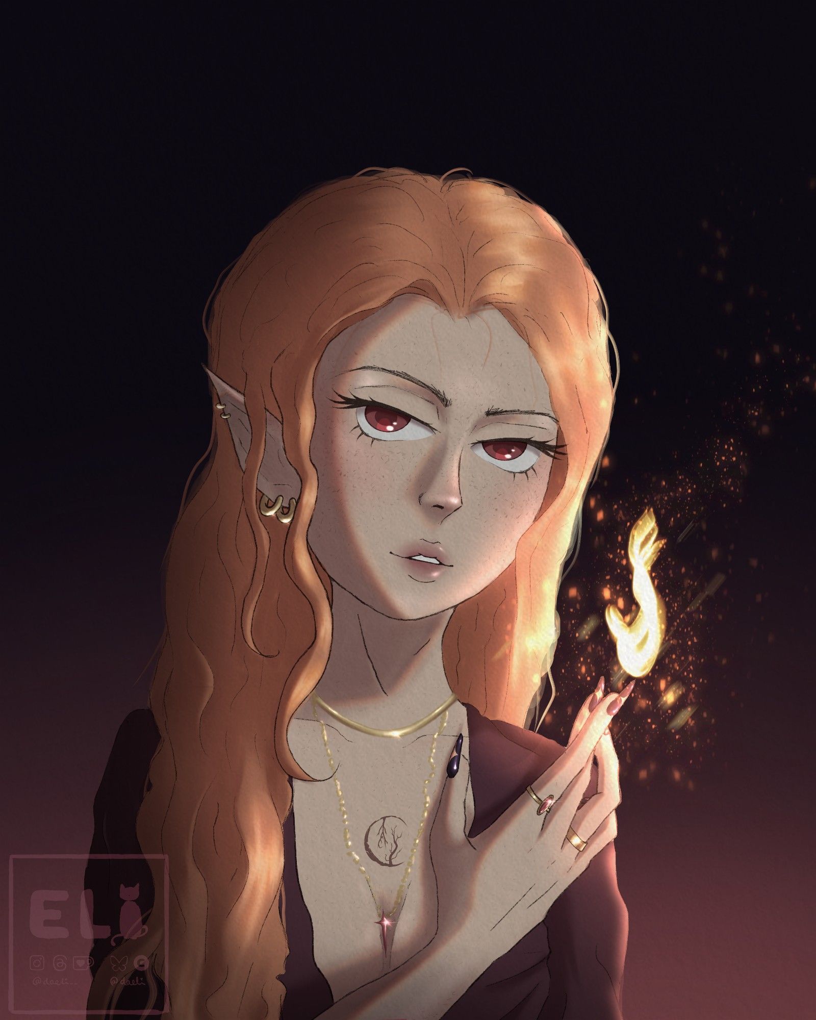 Digital drawing of Agnes. She is a semi-elf witch with fire-related powers. She has red hair and red eyes. She's casting a little flame with her hand. 