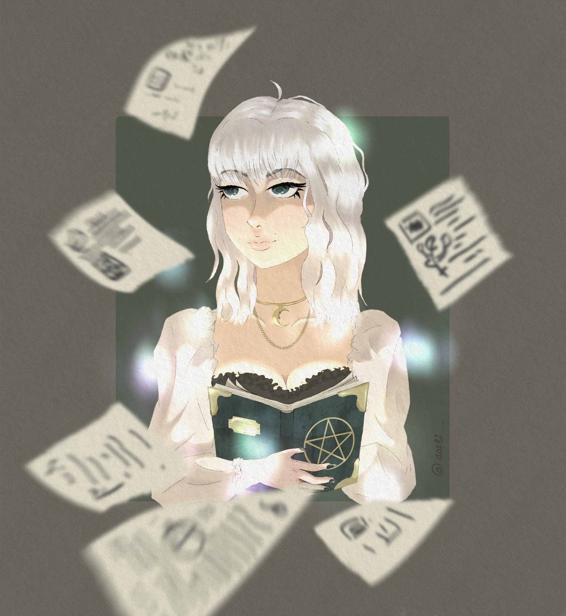 Digital drawing of Selena, my witch OC. She's a white-haired girl with green eyes. She is holding a book, and there are some pages flying around. 