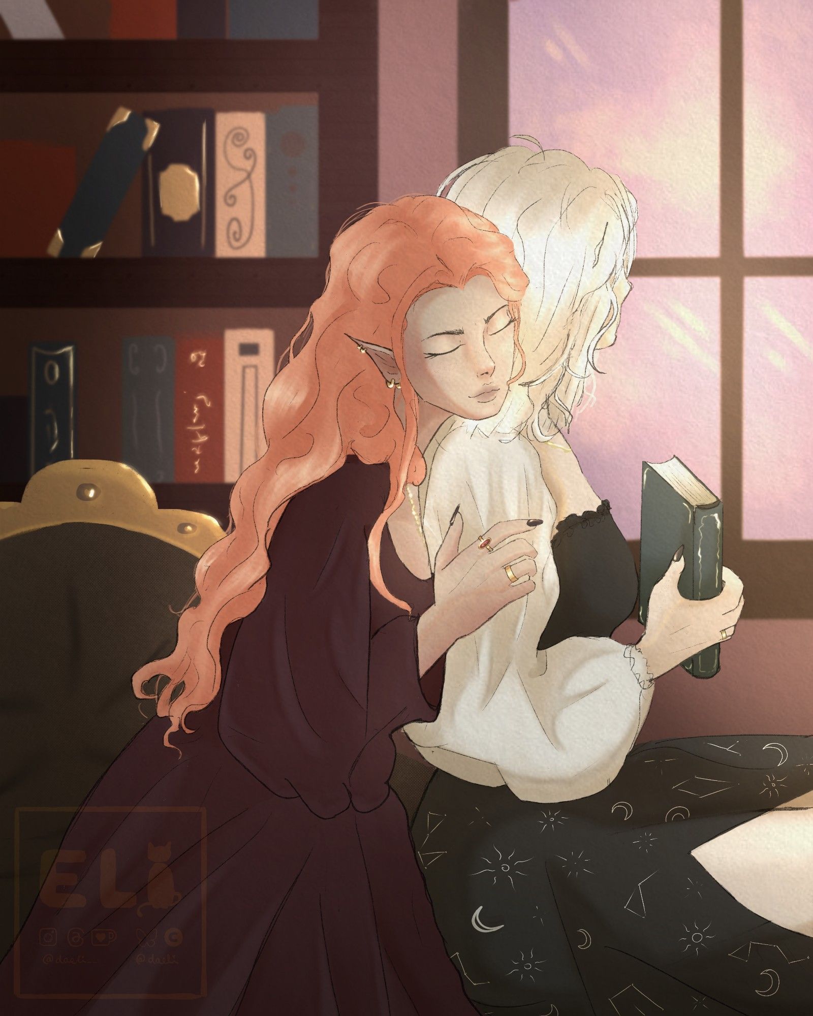 Digital drawing of Agnes and Selena in their house. Agnes is hugging Selena from behind. Selena is holding a book and looking through the window. 