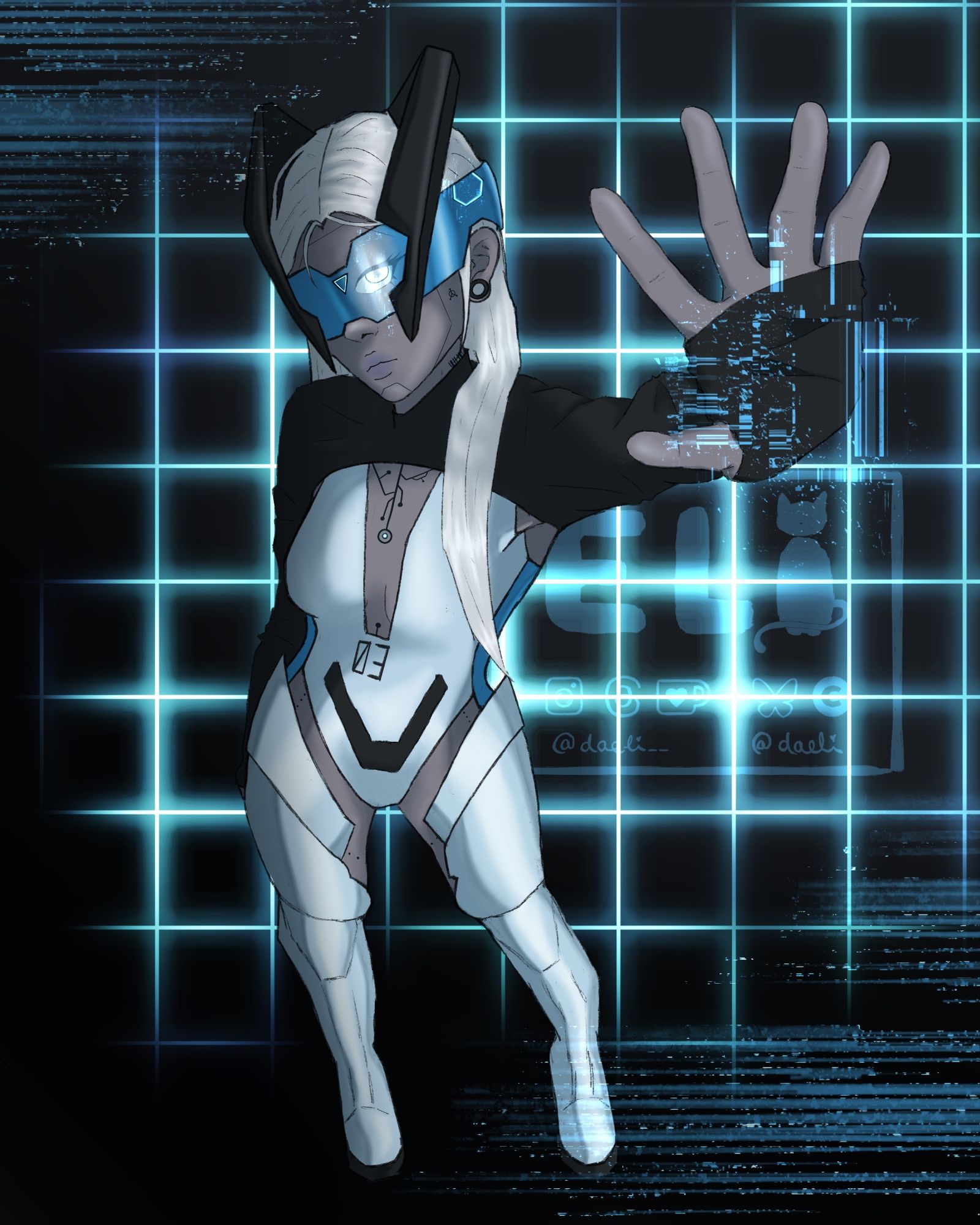 Digital drawing of a white-haired android girl. She's wearing a silver suit with black long sleeves and some kind of blue sci-fi glasses.