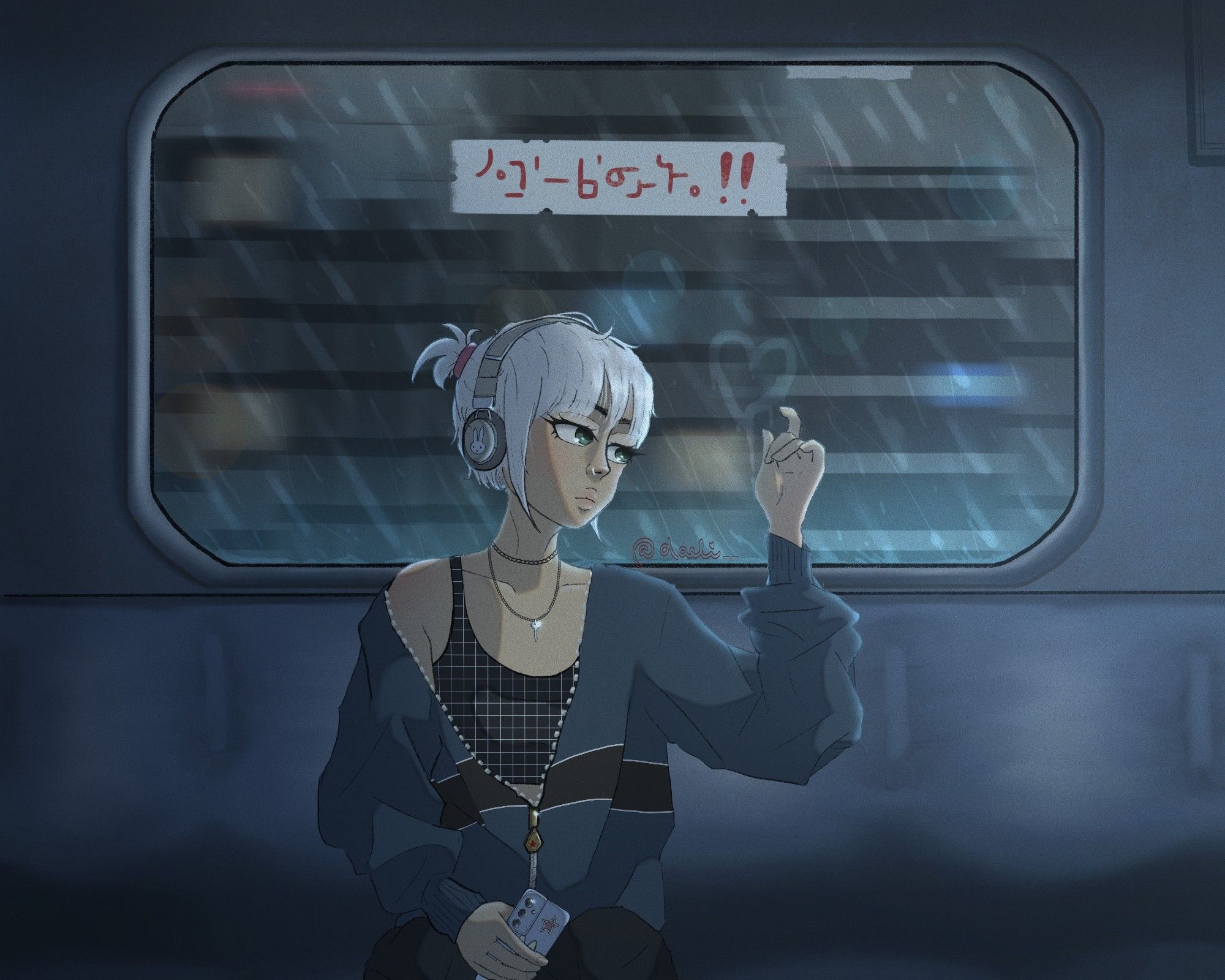 Digital drawing of a white-haired girl sitting on a train and watching the rain outside while she's drawing a heart on the window