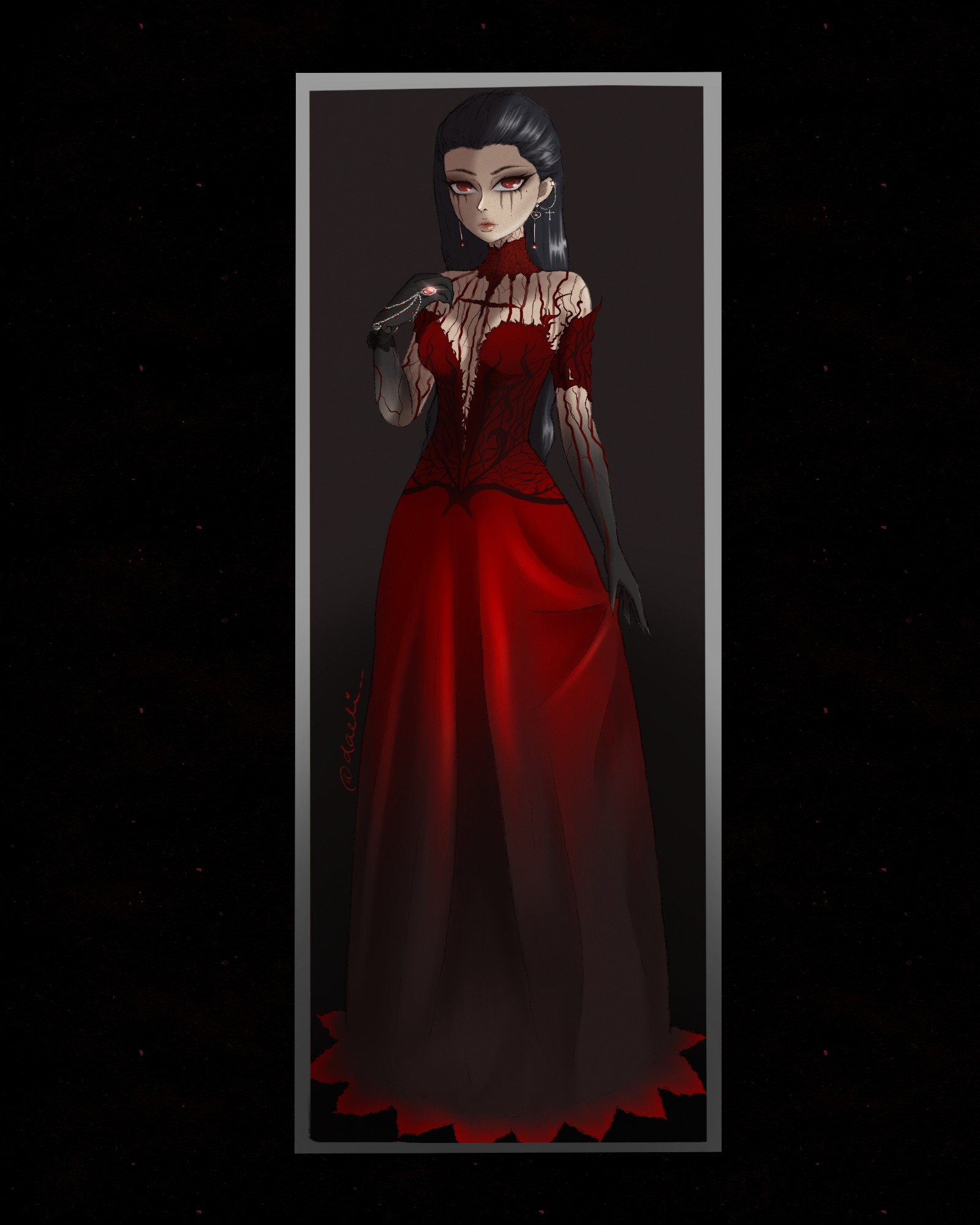 Digital drawing of a girl with long black hair. She is wearing a long red dress. Her arms are tinted with a black gradient.