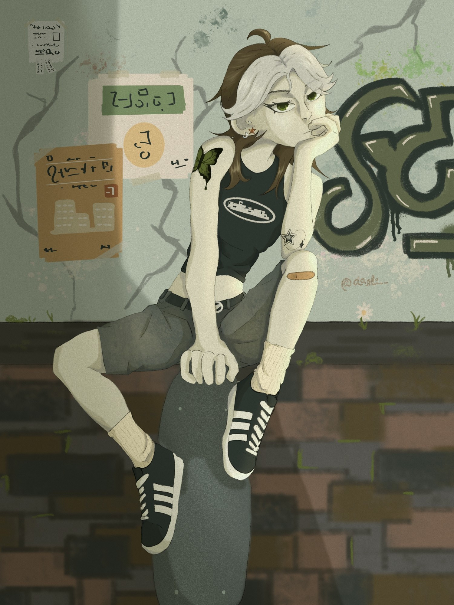 Digital drawing of a person with a skate. There's a wall in the background with some graffiti and posters.