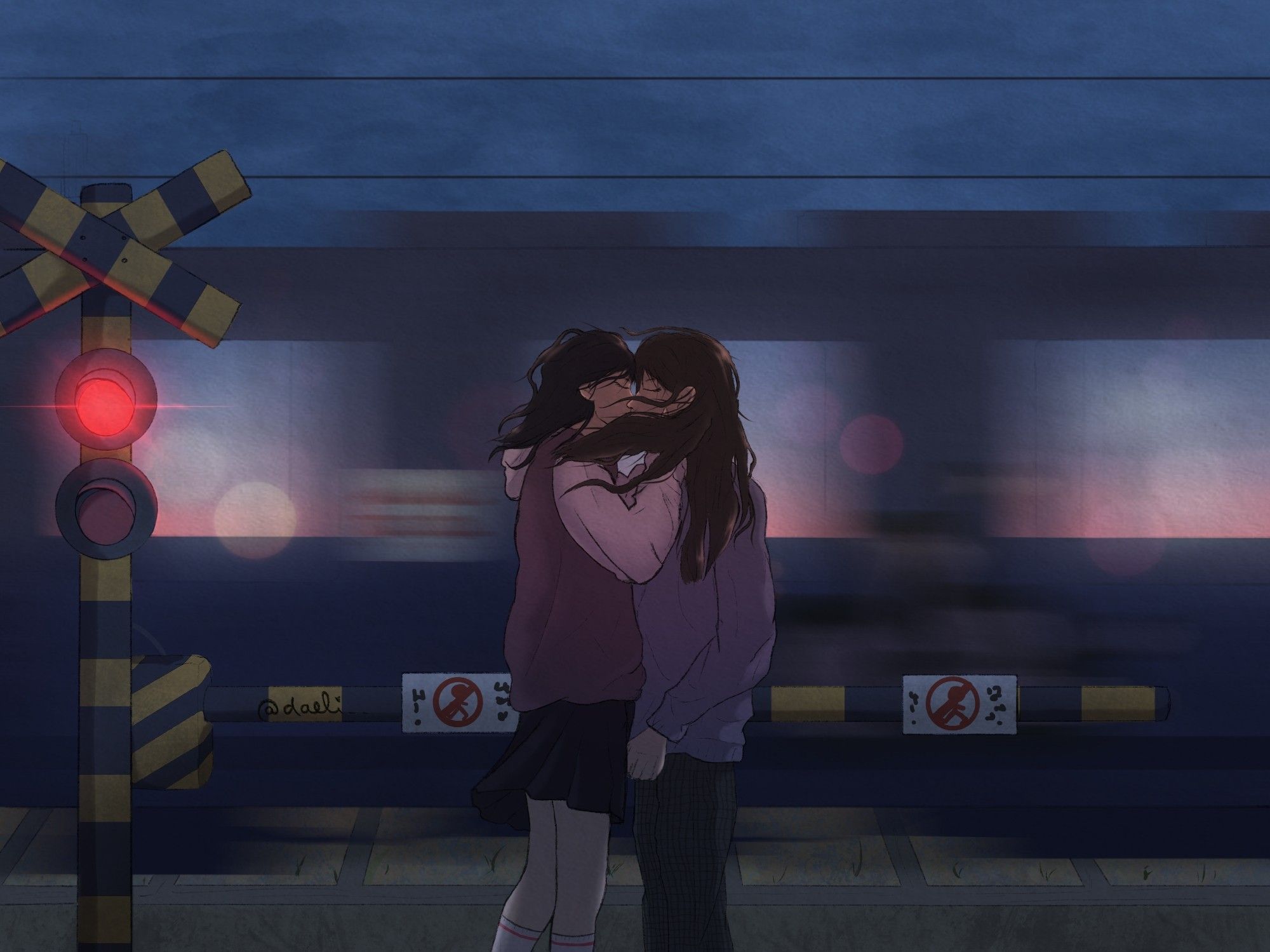 Digital drawing of two girls kissing while there's a train passing by in the background.