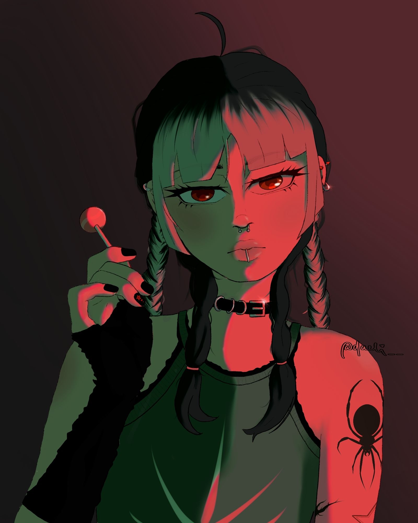 Digital drawing of a girl holding a lollipop. There's an intense red lighting.