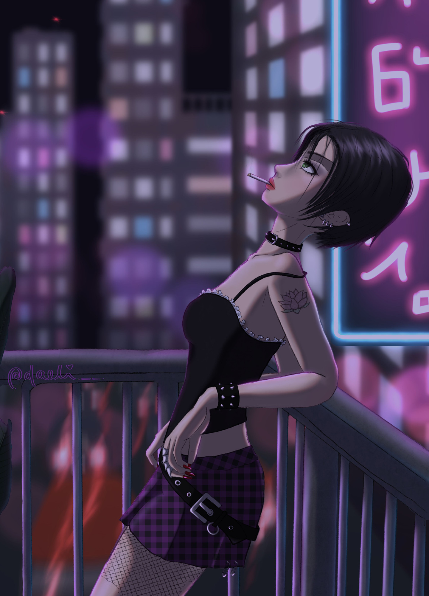 Digital drawing of Nana Osaki smoking a cigarette in a balcony. There's a city street in the background and some tall buildings