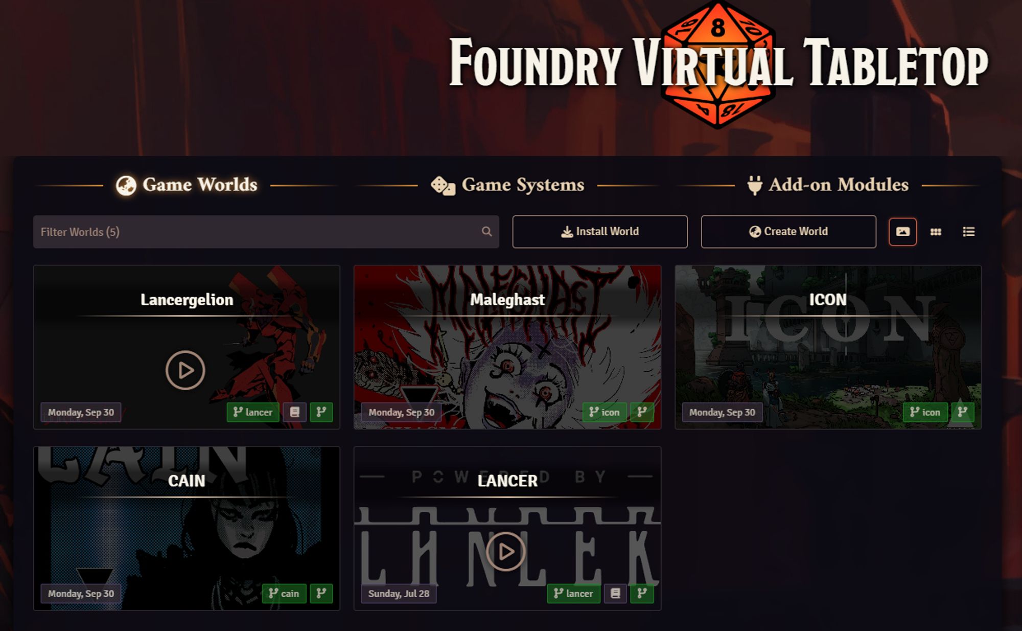 Captura de FoundryVTT mostrando 4 mundos de juego: Lancergelion, Maleghast, ICON, CAIN y LANCER