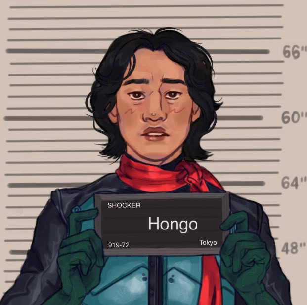 Shin kamen rider fanart of the Barbie meme. Hongo holding up a sign as a mugshot