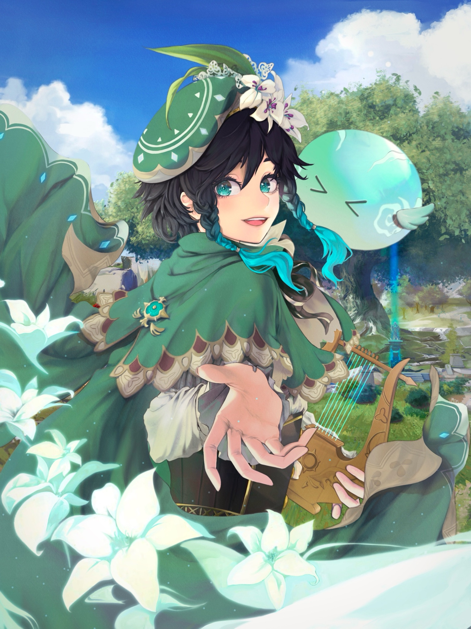 A digital illustration of Venti from Genshin Impact, a character with short black hair adorned with a green beret decorated with cecilia. Venti wears a flowing green cape and holds a lyre, extending his hand toward the viewer with a playful expression. Surrounding him are glowing white Cecilia flowers, with the iconic Windrise tree and landscape in the background under a cloudy blue sky. A small Anemo Slime hovers near Venti, adding a whimsical and magical touch to the scene.