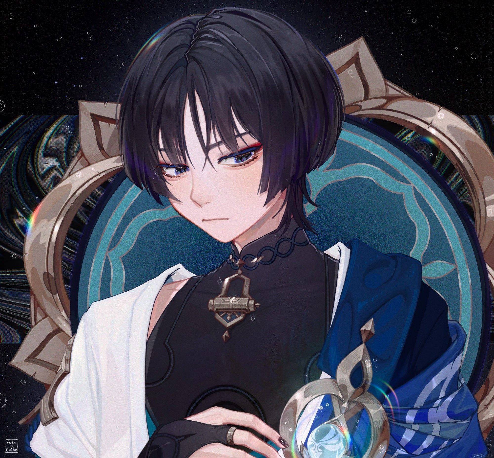 Digital artwork of a character from Genshin Impact named Wanderer, also known as Scaramouche and Kunikuzushi. The character has short, black hair and is wearing an intricate, dark outfit with silver and blue accents. He has a calm yet intense expression with sharp eyes, one hand resting on a circular object. The background has swirling cosmic patterns, giving an ethereal and mysterious atmosphere. Along with the colored artwork, two line art versions show the character in different emotional expressions—one soft and the other more serious.