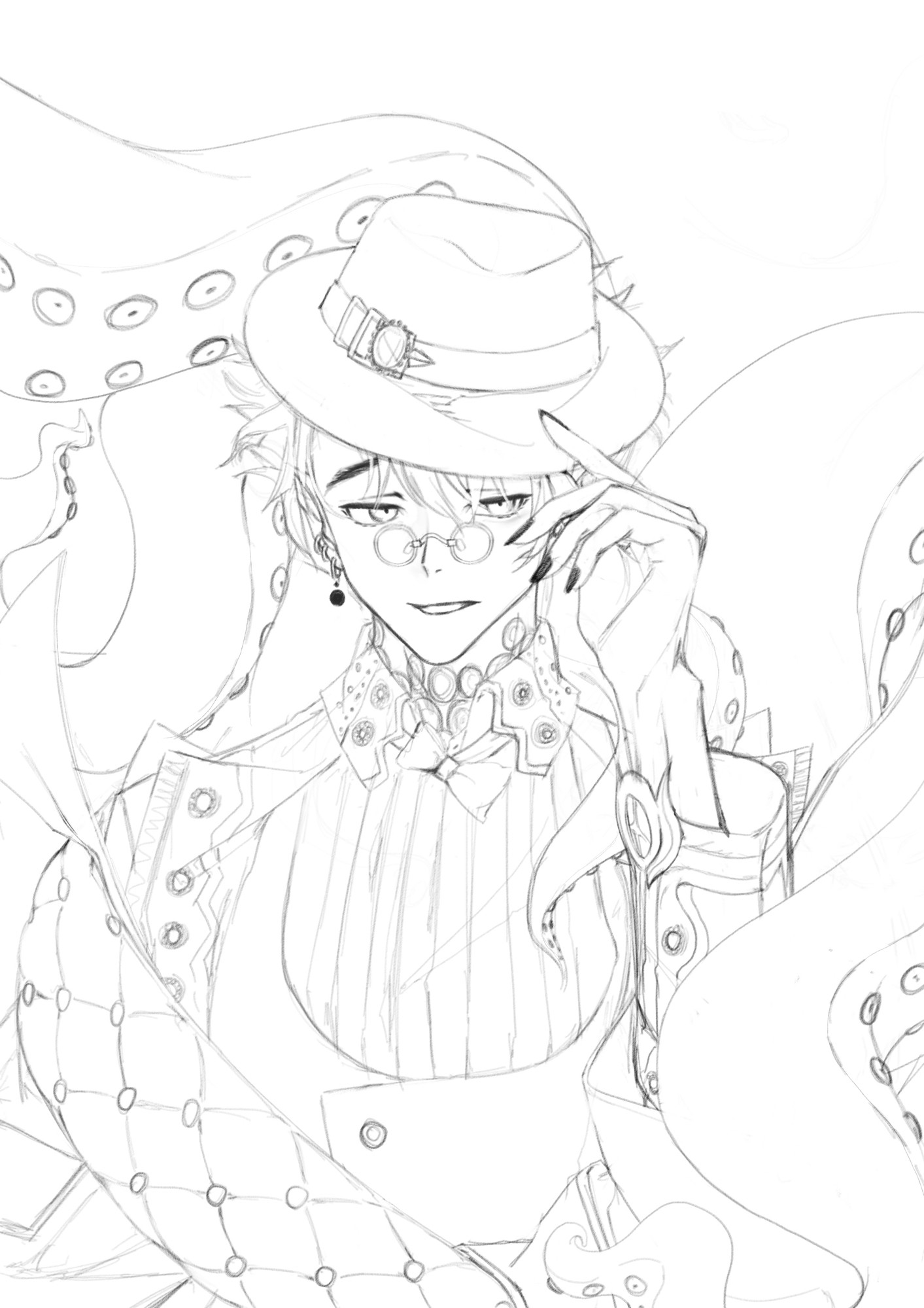 Sketch of Kleken from alchemy stars. Holding his hat from one hand and his body surrounded with his own tentacles 