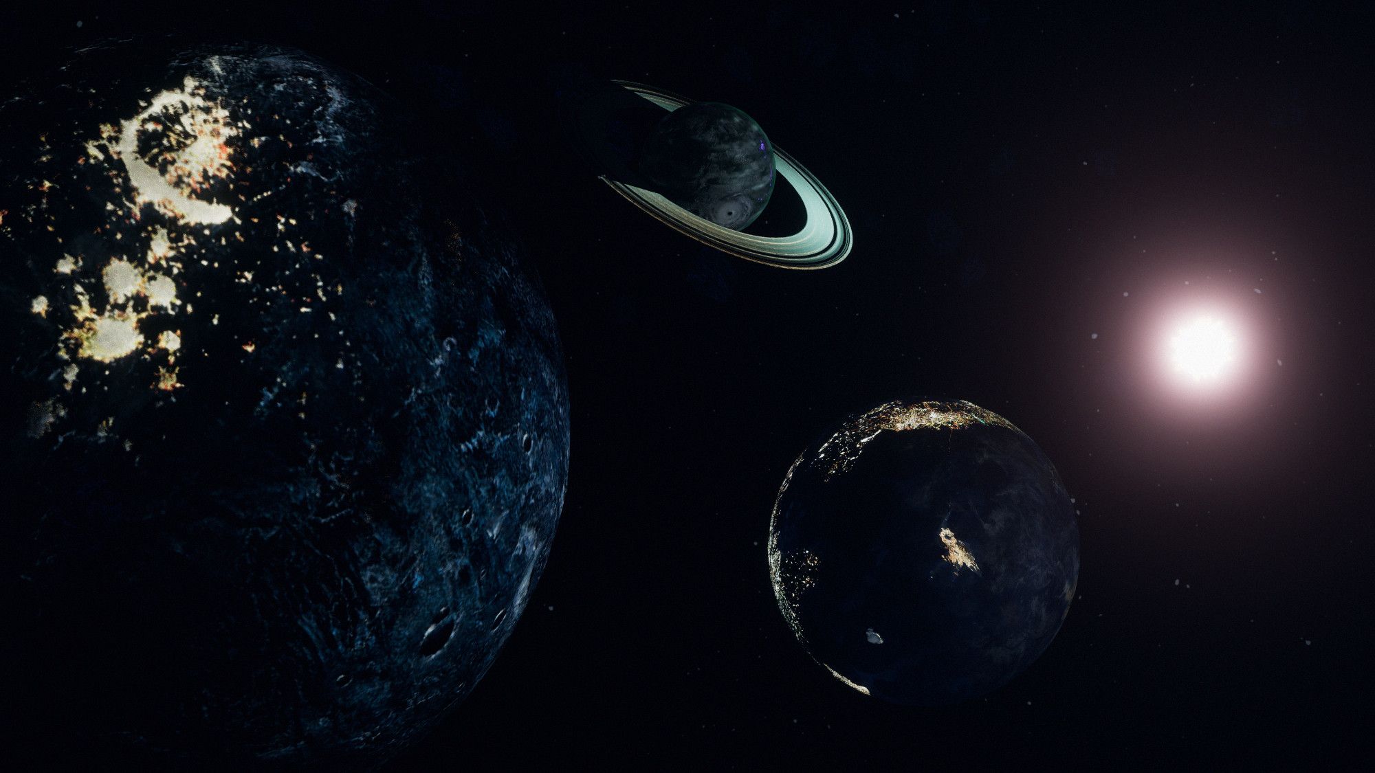 A low-lit picture from space, depicting three different planets, a yellow-orange sun, and lots of asteroids and stars behind them. The leftmost planet has what looks to be a singular city with lots of external connections to smaller cities. The center-most has a large hurricane on one side, and is surrounded by a gentle green set of rings. The right-most one is Earth-like, and has several landmasses, one island of which slightly resembles a hummingbird.