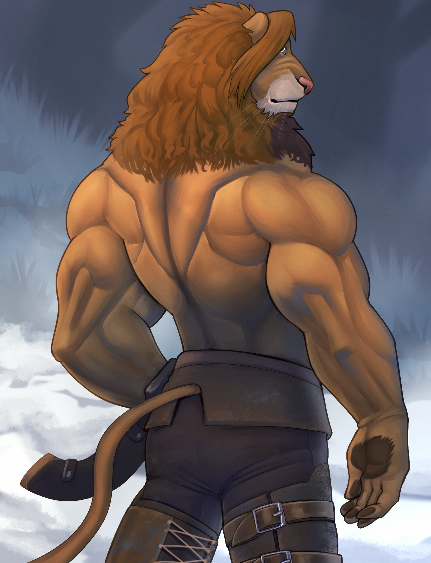 Ado the lion with a short sword in a scabbard