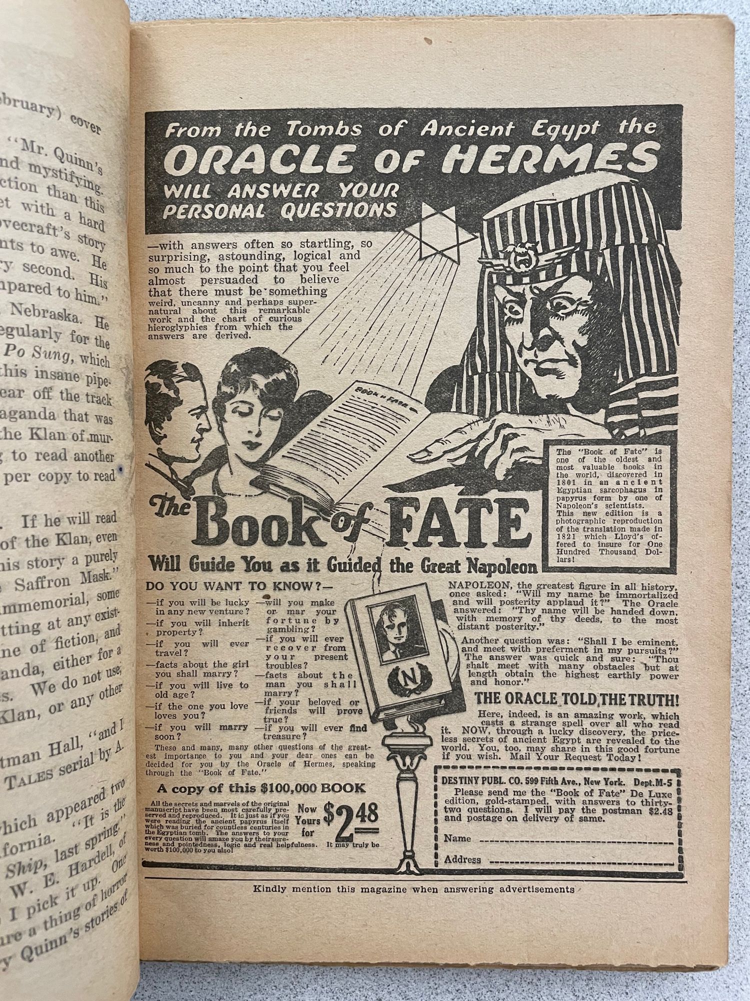 Ad for "Oracle of Hermes" book that promises to answer questions about your future.