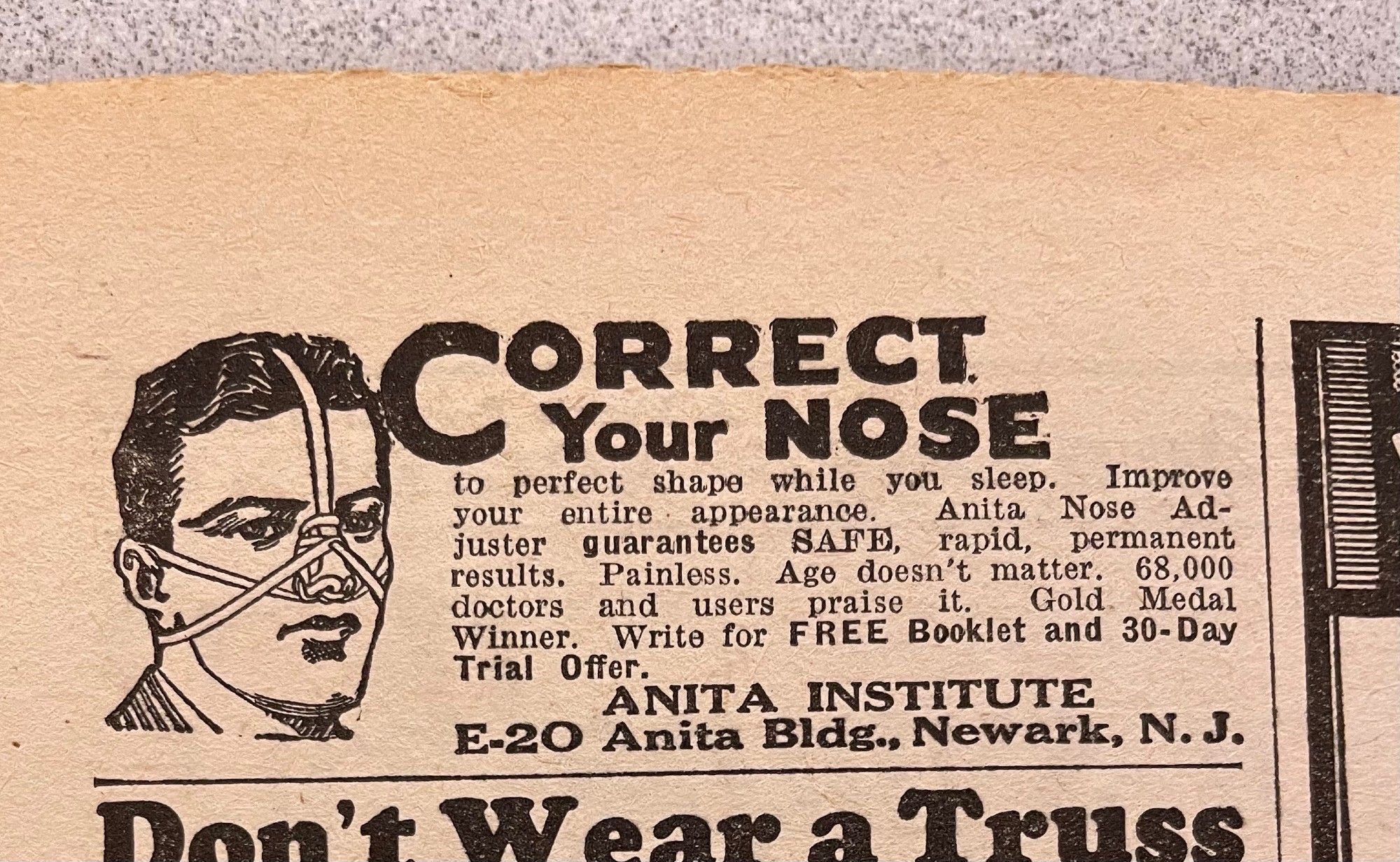 "Correct Your Nose" ad shows a man wearing a brace on his nose with straps going around his face.