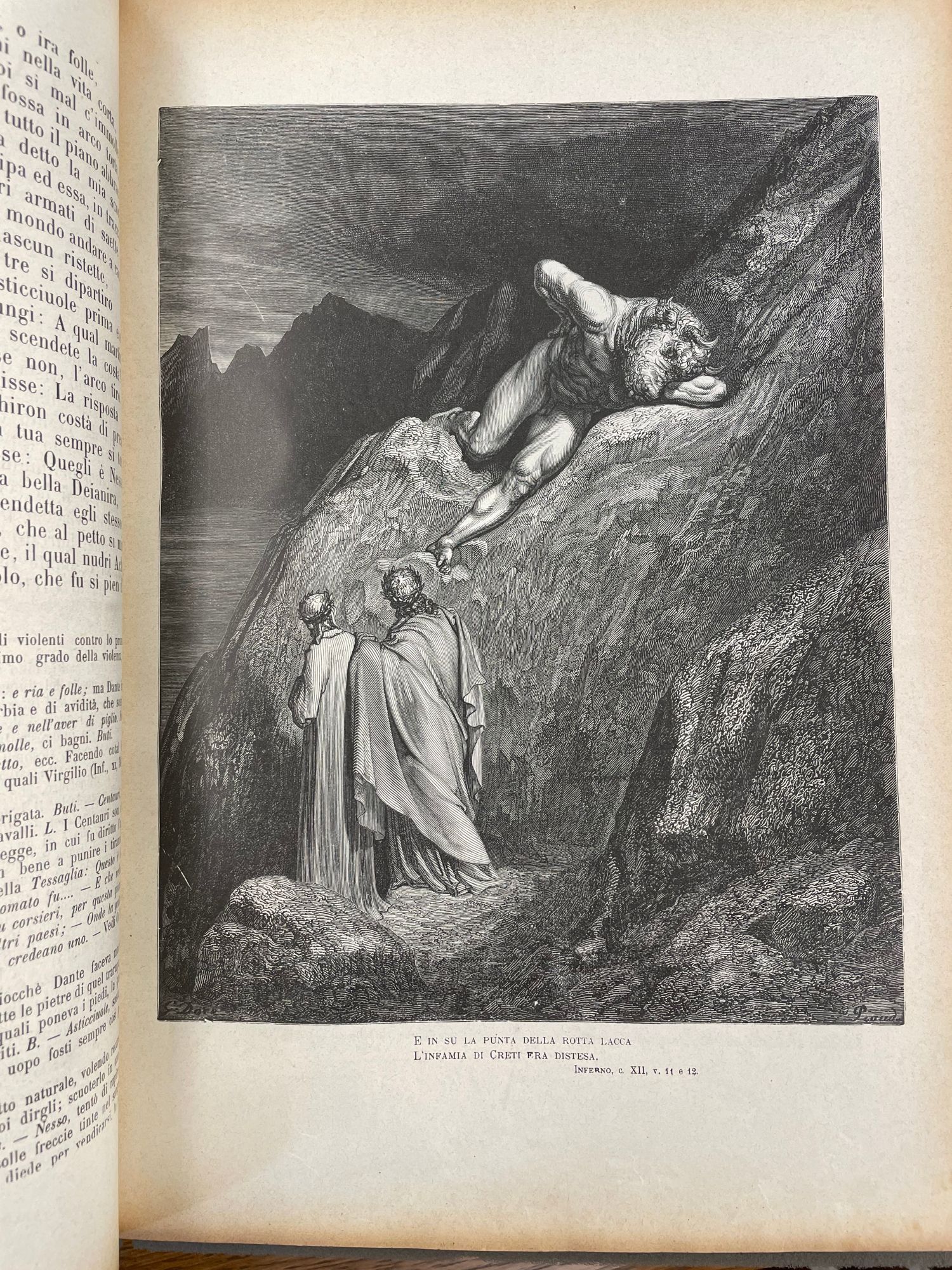 Dante's Divine Comedy (1910), page open to an illustration by Gustave Doré depicting two men looking up at a minotaur on a mountainside.