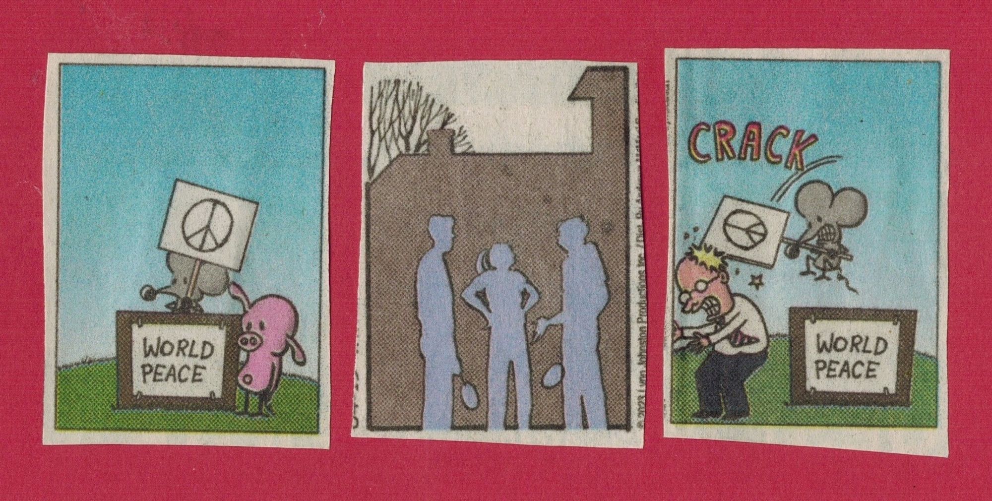 Three panel comic, left to right: Mouse is seated at a desk. He is holding a literally peace sign and the table has a sign on it that reads "World Peace." Silhouettes of three figures having a discussion. Final panel: mouse violently cracks the peace sign over a man's head.

#art #artsky #collage #comics #peace #war #pacifism