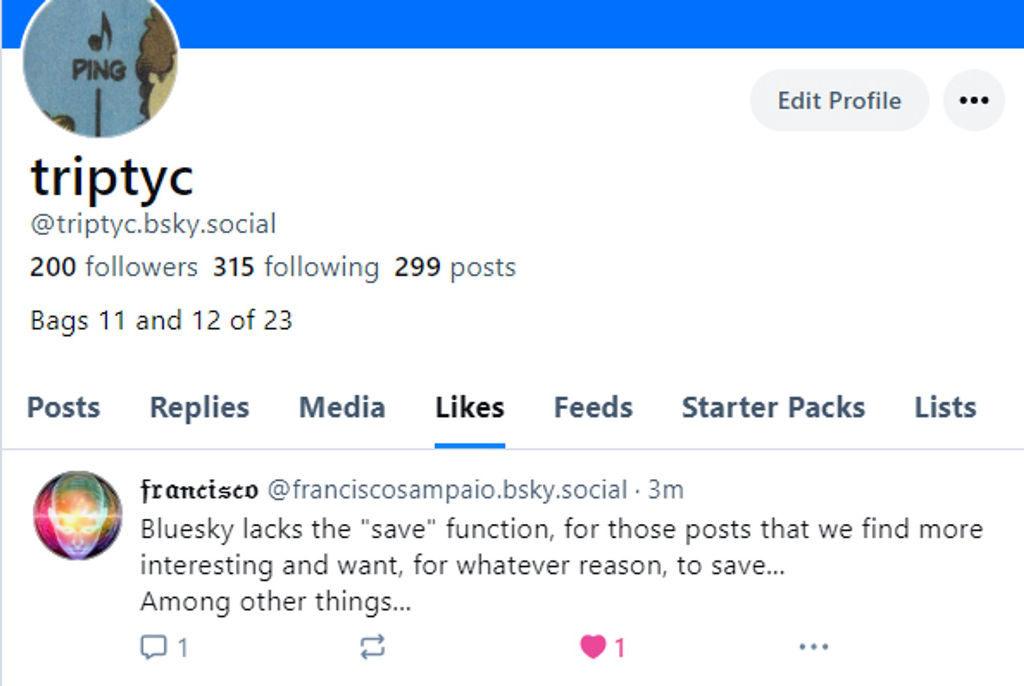 image of my personal profile with most recent liked post (the original post in this thread)