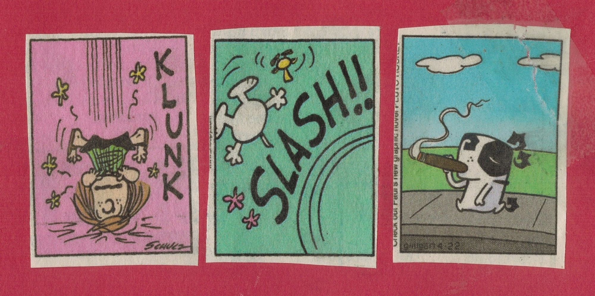 Three panel comic, left to right: KLUNK the girl in flannel & sandals falls on her head; SLASH!! the dog & bird are sent flying; on a lovely afternoon stroll, another dog takes a long haul off his cigar.

#art #artsky #comics #collage