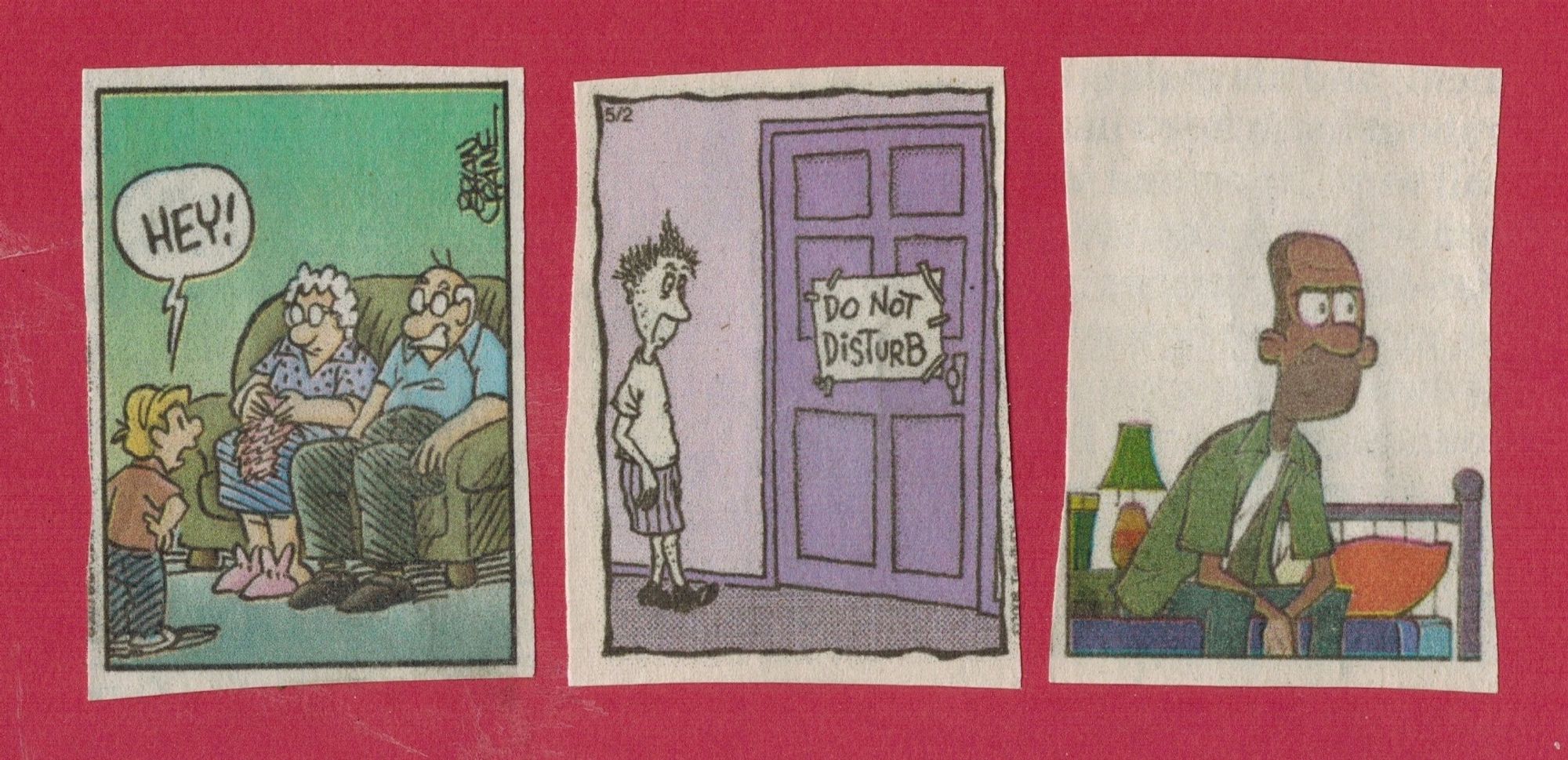 Three panel comic, left to right: "HEY!" shouts a boy at his grandparents; a father reads a "Do not disturb" sign on their son's door; a father sits on their son's bed, leans forward and furrows his brow.

#art #artsky #collage #comics #fatherhood