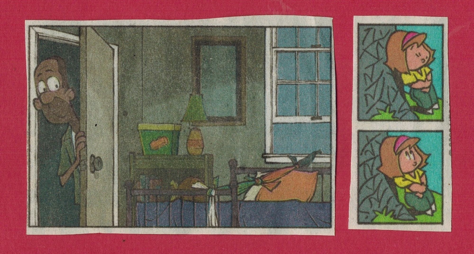 Three panel comic, clockwise from 9 o'clock: large panel of a man look in his child's room & discovering a makeshift rope tied to the bed and leading out a window; small panel of a girl, eyes closed leaning against a tree; beneath it, another panel of the girl looking up.

#art #artsky #collage #comics #family