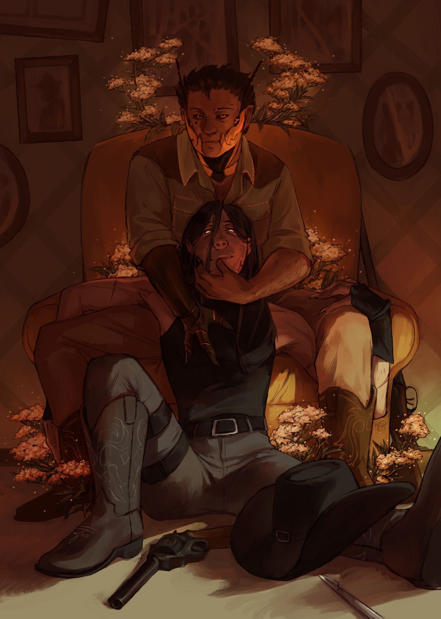 digital illustration of my ocs grimm (they/it) and yarrow (he/they). yarrow is sitting in a yellow chair while grimm is sitting on the floor against the chair. yarrow leans forward slightly, cradling grimm's head in their arms and touching its chest possessively. grimm slings one arm over yarrow's leg while the other arm holds his other leg. both are looking at the viewer and cast in half-shadow. a cowboy hat rests on grimm's extended leg and there is a revolver and scalpel on the floor. a shotgun is resting against the chair as well. faintly glowing yarrow flowers bloom around them and there are crooked picture frames on the green wall behind them.