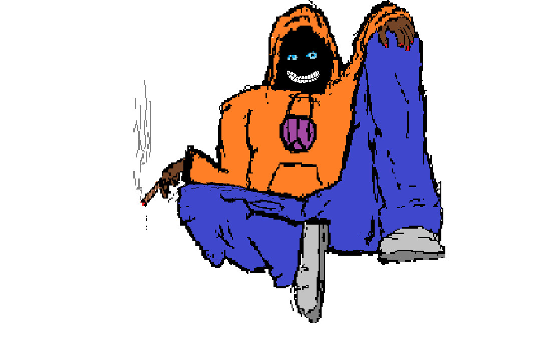 digital image of man in hoody and jeans smoking with his hood up and a evil smile his face hidden in shadows only eye and teeth showing