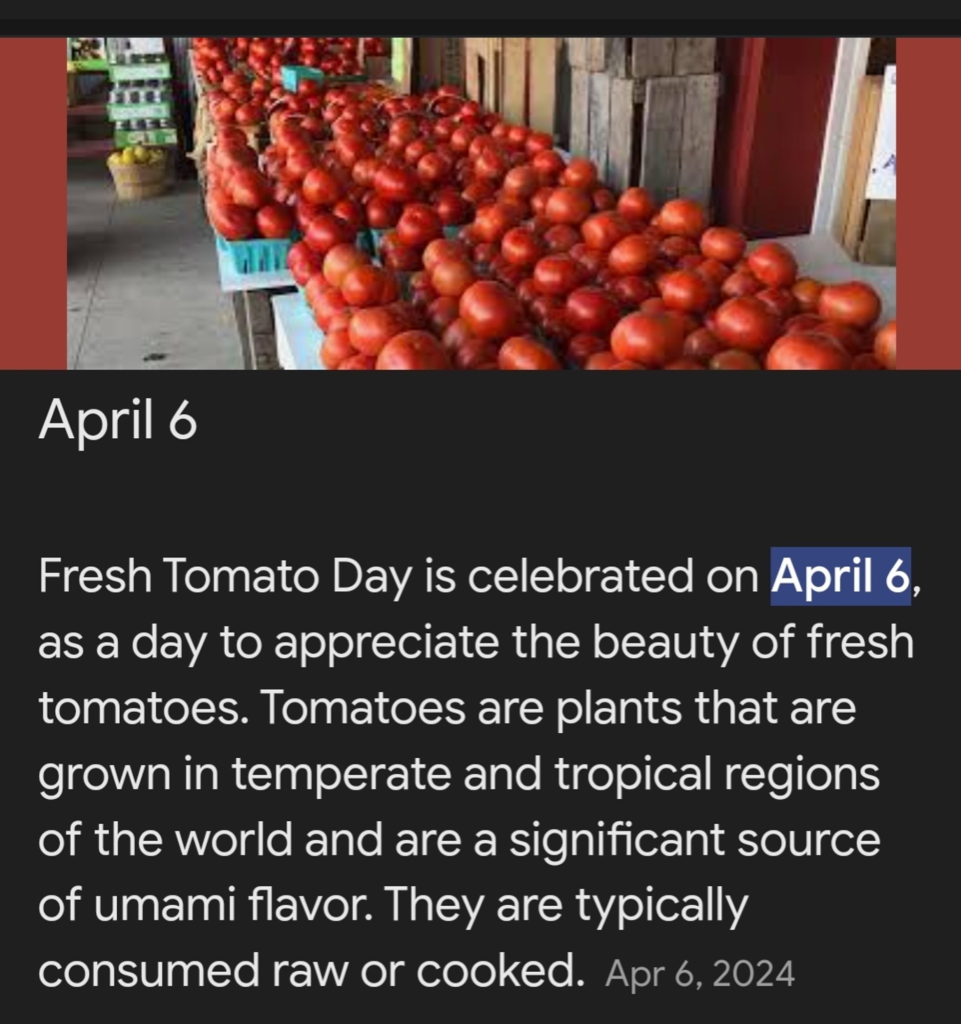 Google search result for Fresh Tomato Day showing it is April 6.