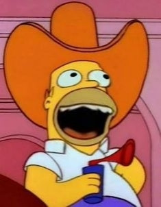 Homer Simpson wearing a large cowboy hat and holding an airhorn, but the center of the image is edited to make his mouth bigger