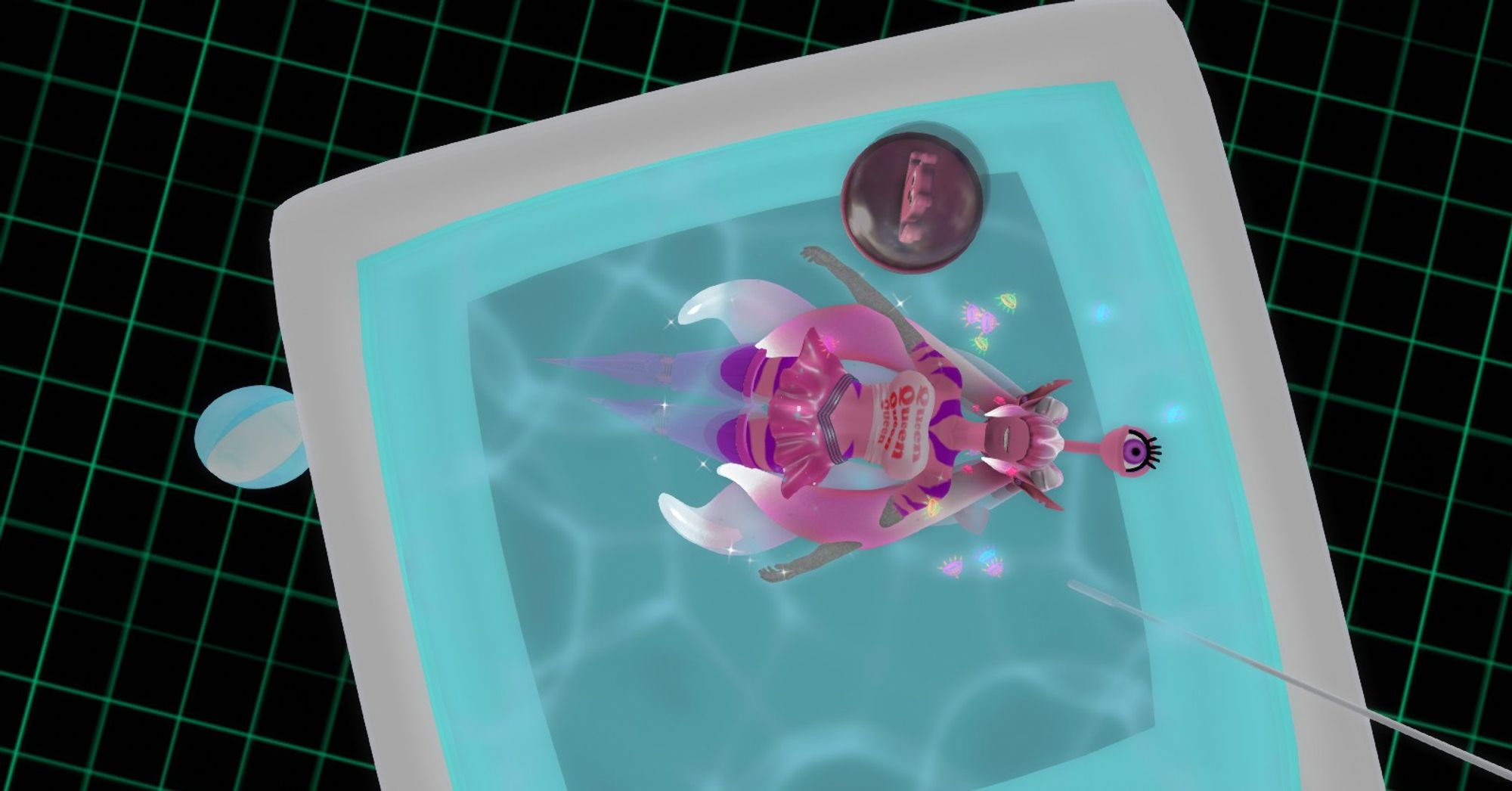 A pink alien with a single eye stalk relaxing in a pool during DJ set at yiff spot's flying pickle lounge on SL