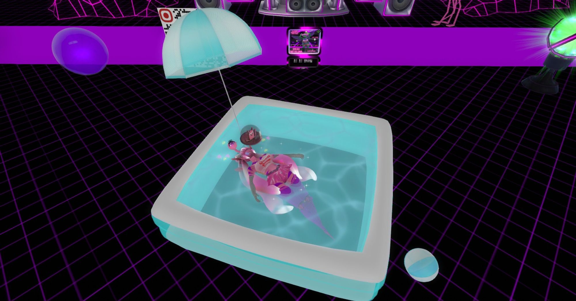 A pink alien with a single eye stalk relaxing in a pool during DJ set at yiff spot's flying pickle lounge on SL but a different angle