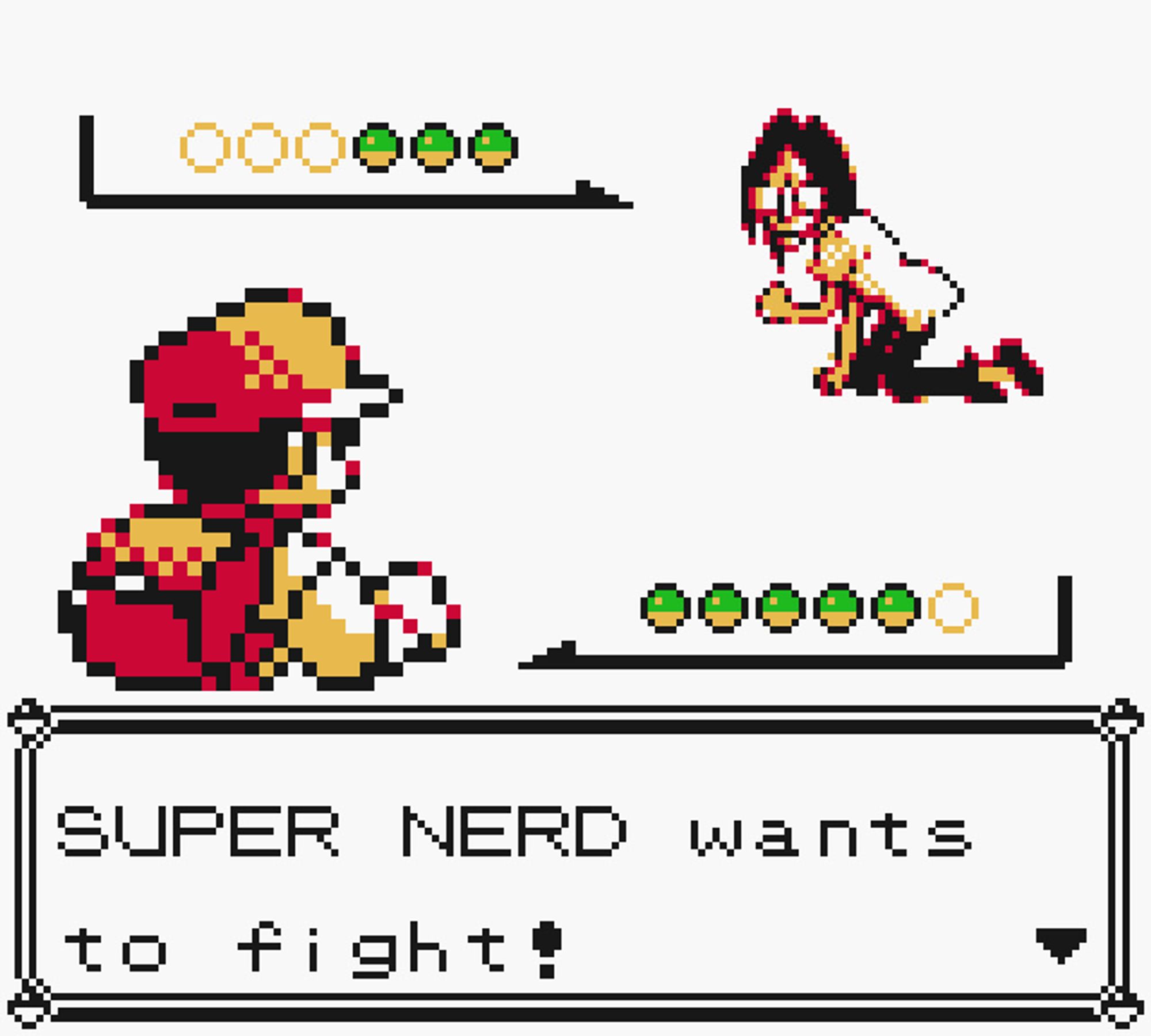 a frame for the first generation of the pokemon games. a bespectacled,  scrawny, greasy incel trainer is on his hands and knees challenging the player character to a battle. the caption reads SUPER NERD wants to fight