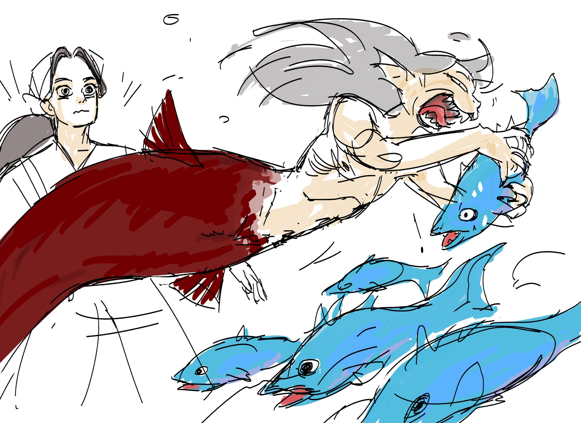 A drawing of a wangxian au. Fishermanji is shocked as a gigantic red-tailed merxian steals his cache of fish right in front of his face! merxian’s face is catlike and his jaws opened unnaturally large, he holds a started fish in his hands, about to eat it whole. 