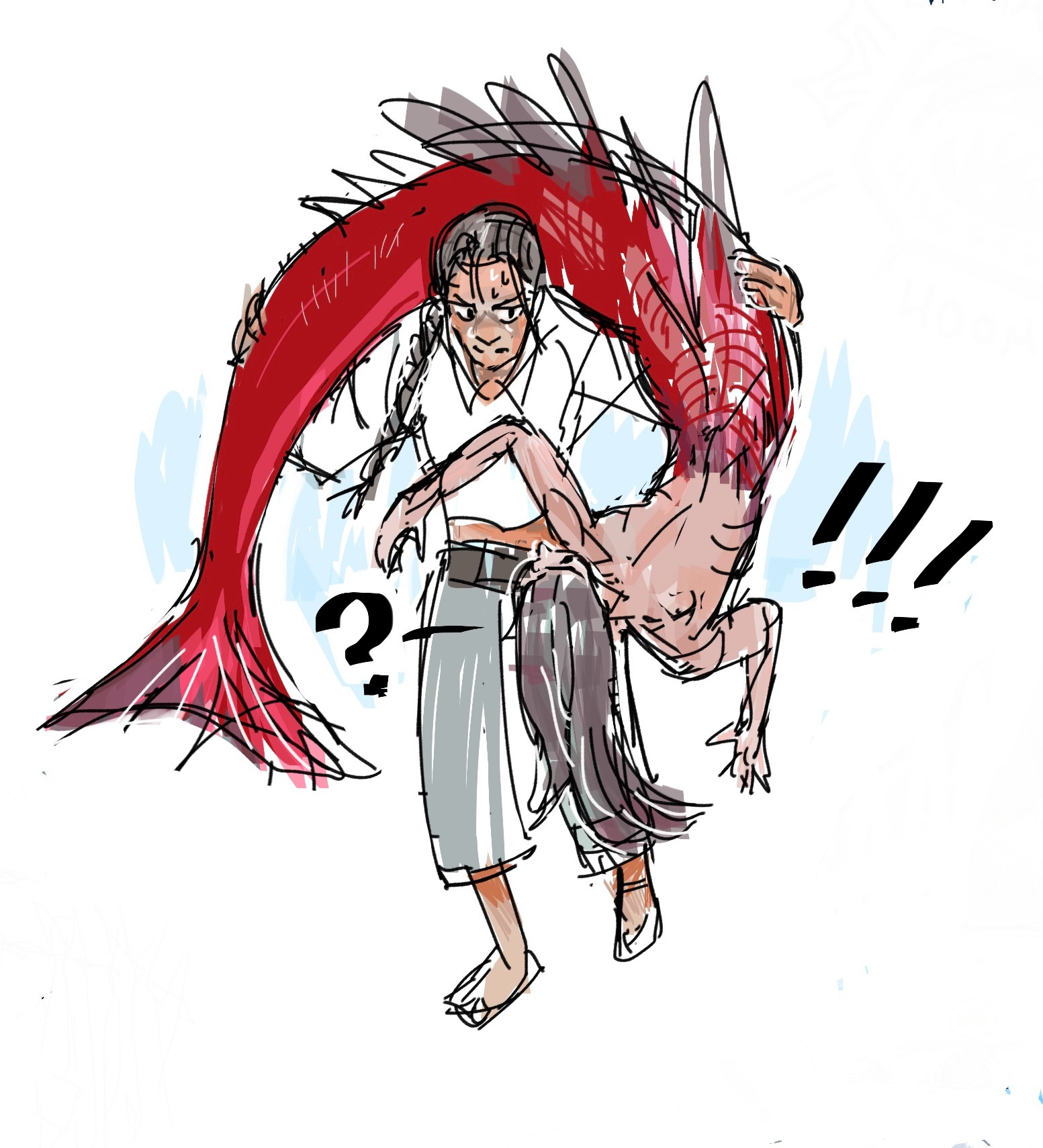 Fishermanji holding a giant red-tailed Merxian over his shoulders. Lwj’s hair is braided, he wears fisherman’s clothing, his face is sweaty. The merman’s tail is twice as tall as Lwj, so Merxian is very shocked, yelling at Lwj in surprise that he is even able to carry him. 