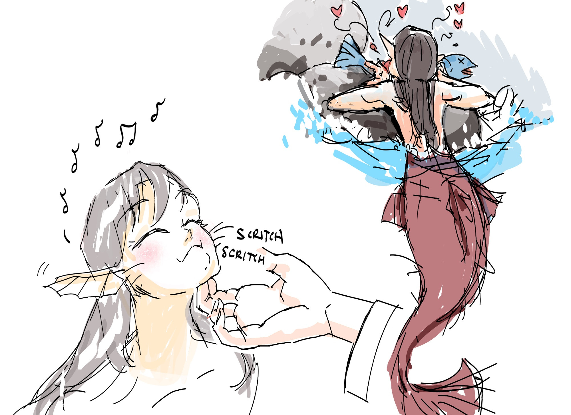 Two drawings of merxian. on the left, he is having his chin scratched by lwj’s hand and is looking very catlike. In the fic, merxian makes trills and sounds when he is happy, and it’s drawn here as music notes. 
On the right, Merxian is drawn from behind, half out of the water, resting on a rock, chowing down on a big blue fish that is definitely dead. But Merxian is happy and hearts are drawn around him. 