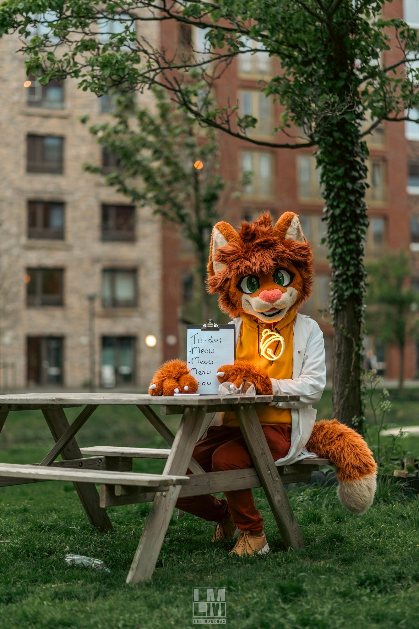 Orange cat fursuiter (Denni) sitting at a picnic table holding up a clipboard with the text "To-do: meow meow meow"