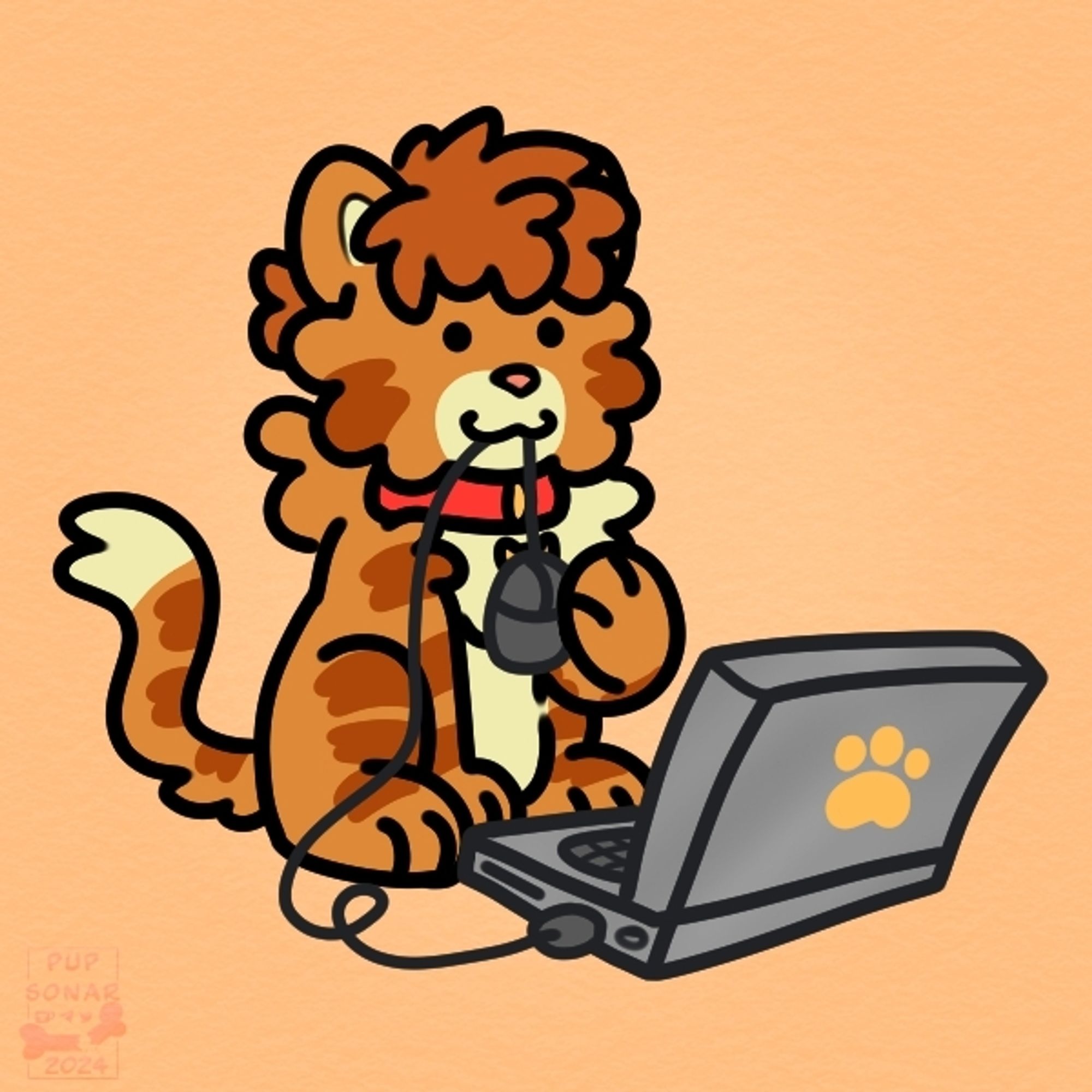 Artwork of an orange cat (Denni) chewing on the cable of a computer mouse while sitting in front of a laptop with a paw as the logo