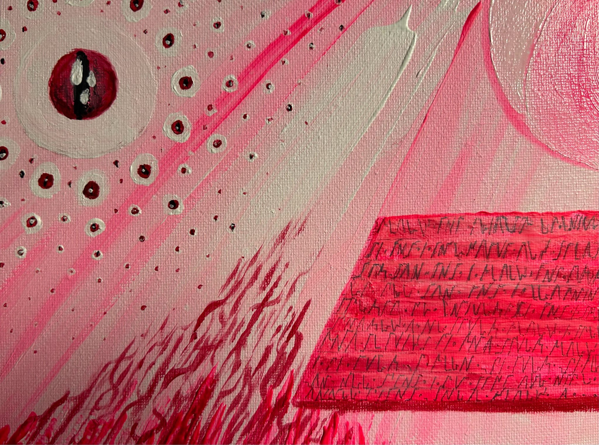 An abstract image in pinks and magentas with motifs of eyes, streaks of light, and a circuit-like intertwining pattern, as well as a large block of small text in Korps cipher