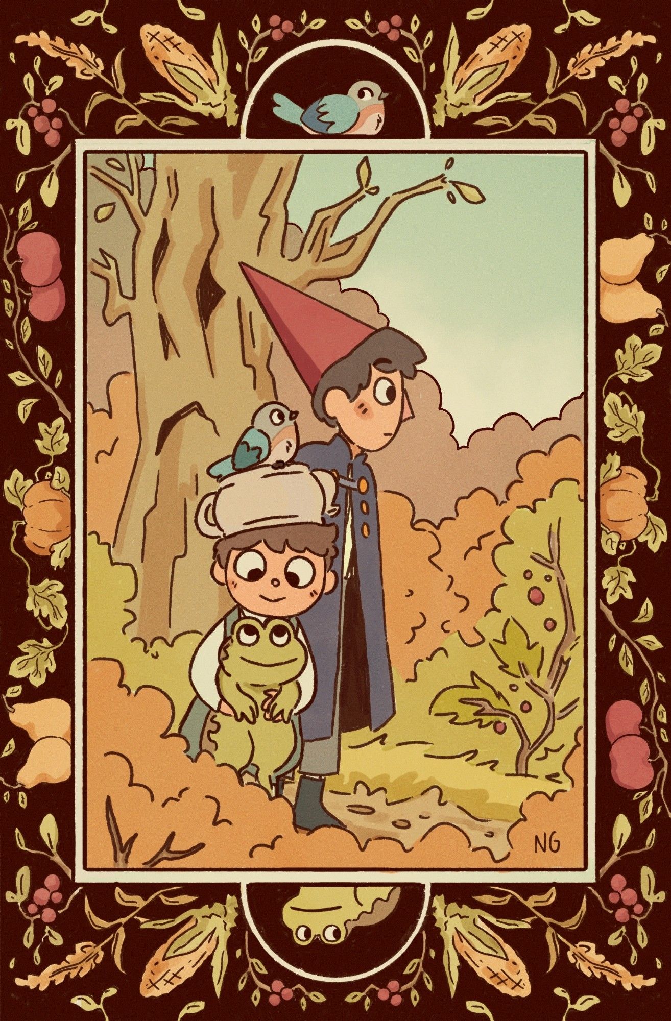 An illustration based on the animated short-series Over The Garden Wall. It shows Wirt, Greg, Beatrice and Jason Funderburker standing at the edge of the forest. Beatrice is in her bird form resting over Greg's teapot hat and Greg is holding Jason Funderburker in his arms. In the background there's a dry tree trunk which shape resembles a face in agony. The border of the illustration is black and shows different harvest products like corn, pears, apples, pumpkins and cranberries. At the top there's a small image of a bluebird and in the bottom one of a frog.