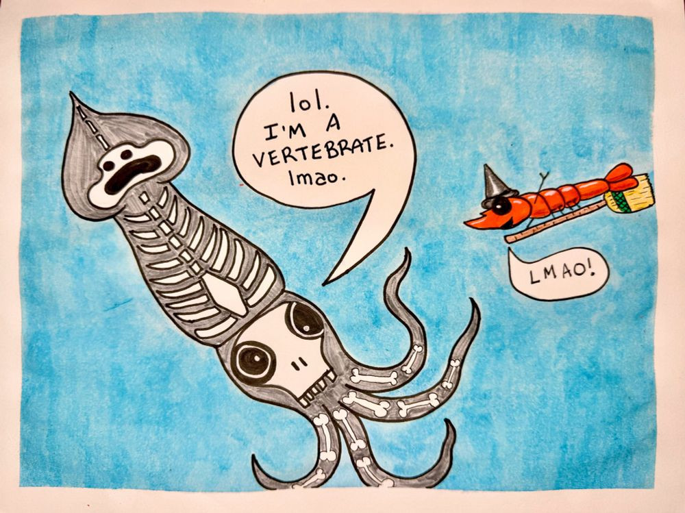 A squid altered its chromatophores to look like a skeleton and a krill has a witch’s hat on and is riding a broom. The squid is saying “lol I’m a vertebrate lmao” and the krill is saying “LMAO!”