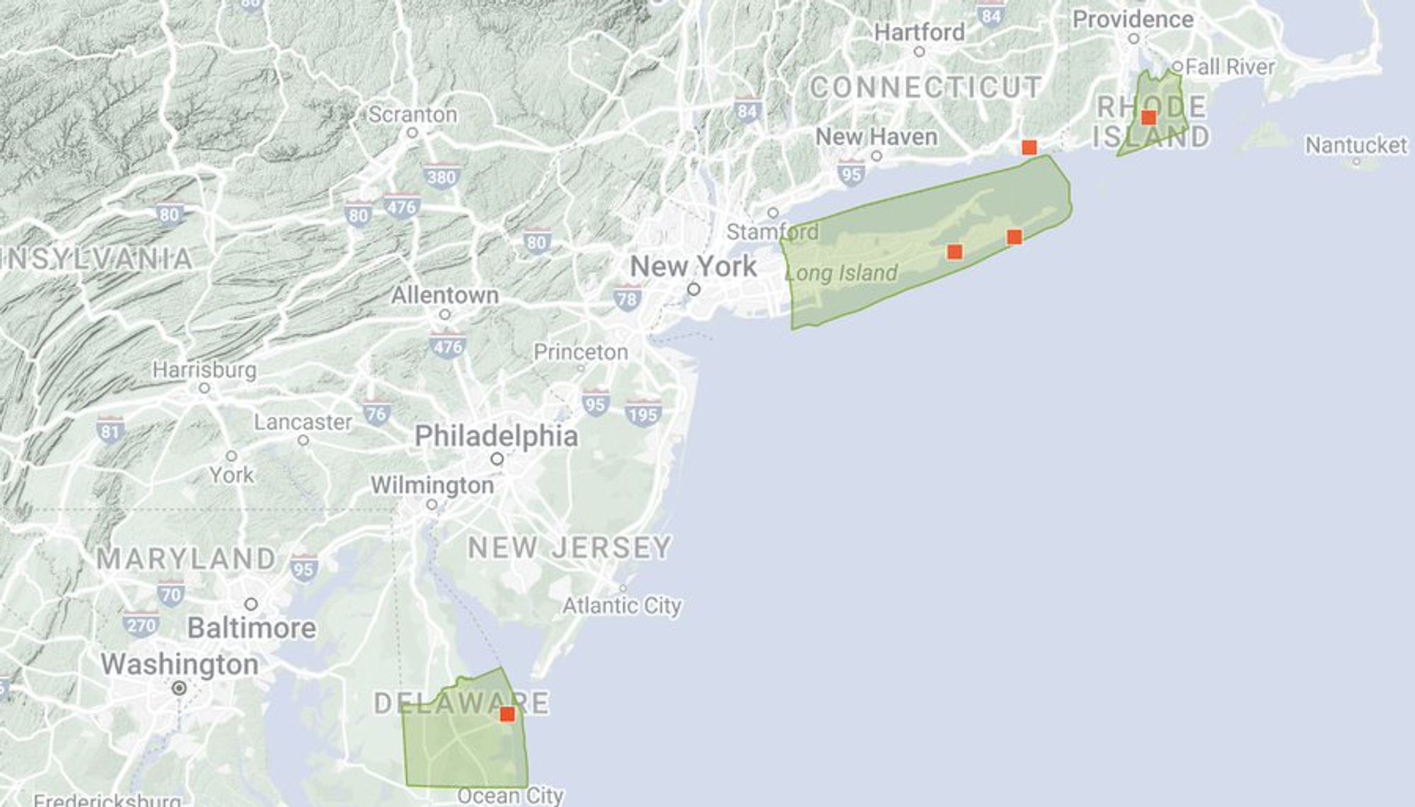 a map of the East Coast pulled from iNaturalist, showing the dots where the squid has been seen, in Delaware, 2x on long island, 1x in rhode island and once in Avery Point CT